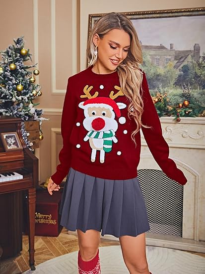 Fuzzy Reindeer Plush Design Fun Christmas Sweater - Red