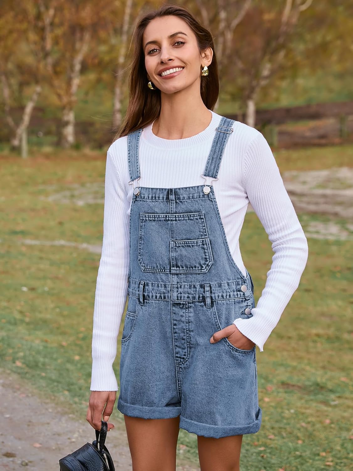 Casual Loose Fit Denim Romper with Pockets - Denim Classic Blue