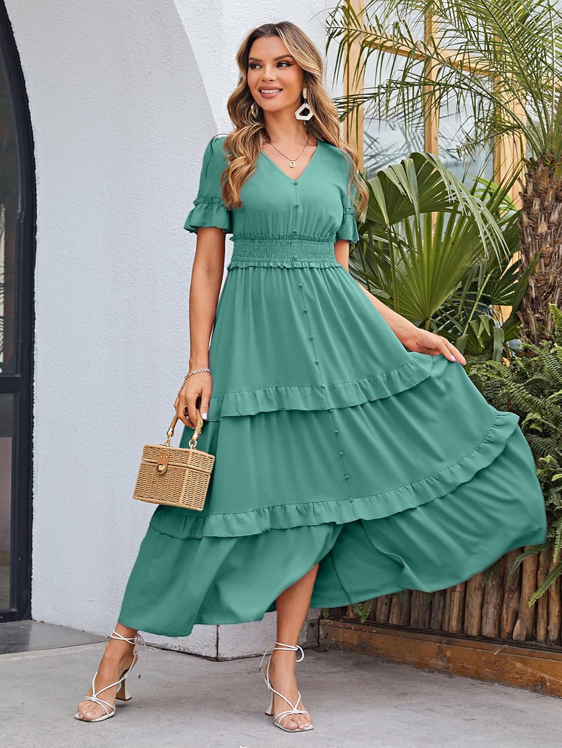 Short Sleeve Tiered Ruffle Smocked V-Neck Maxi Dress - Blue Green