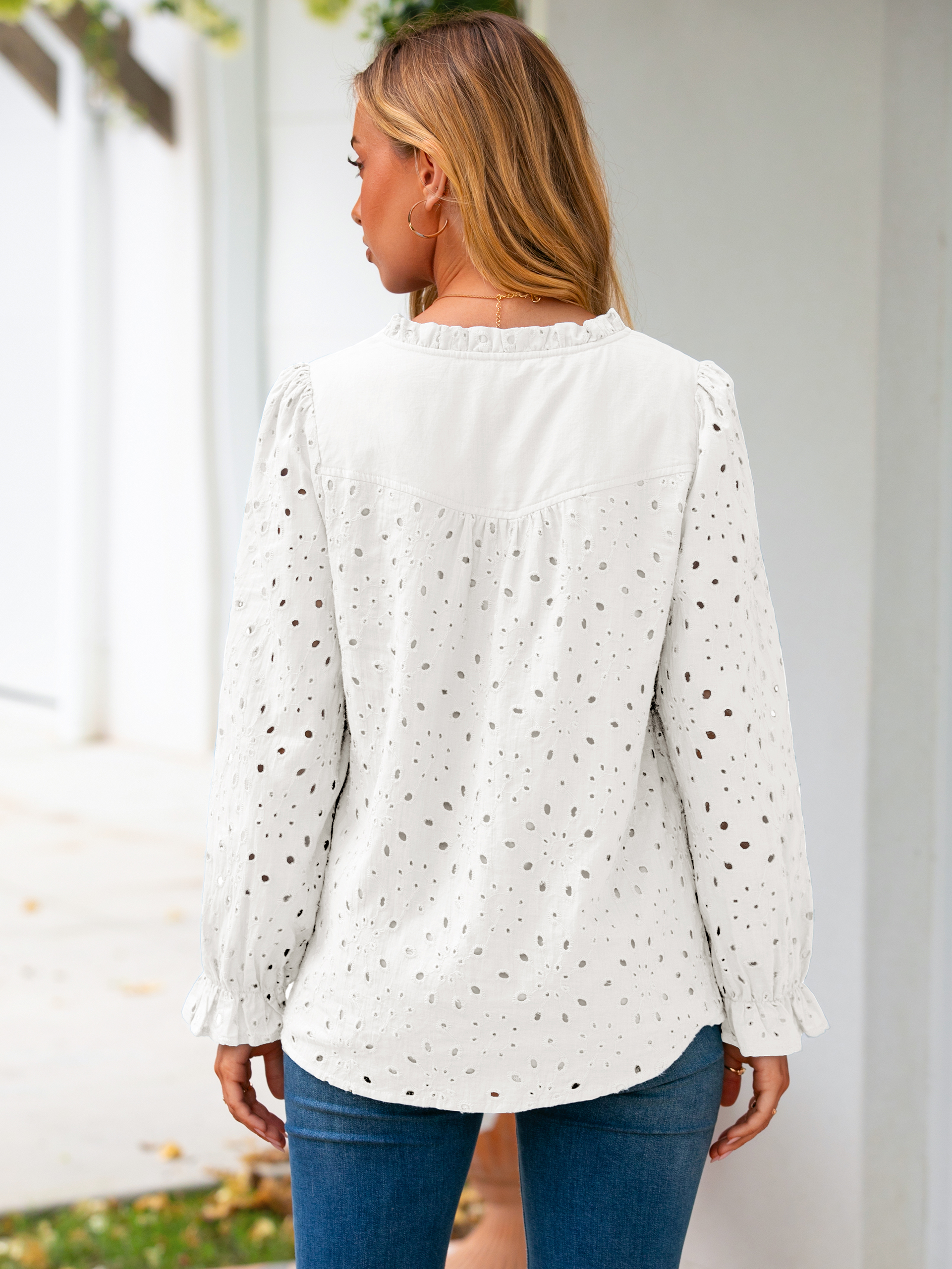 Eyelet Lace Puff Sleeve Button Down Blouse
