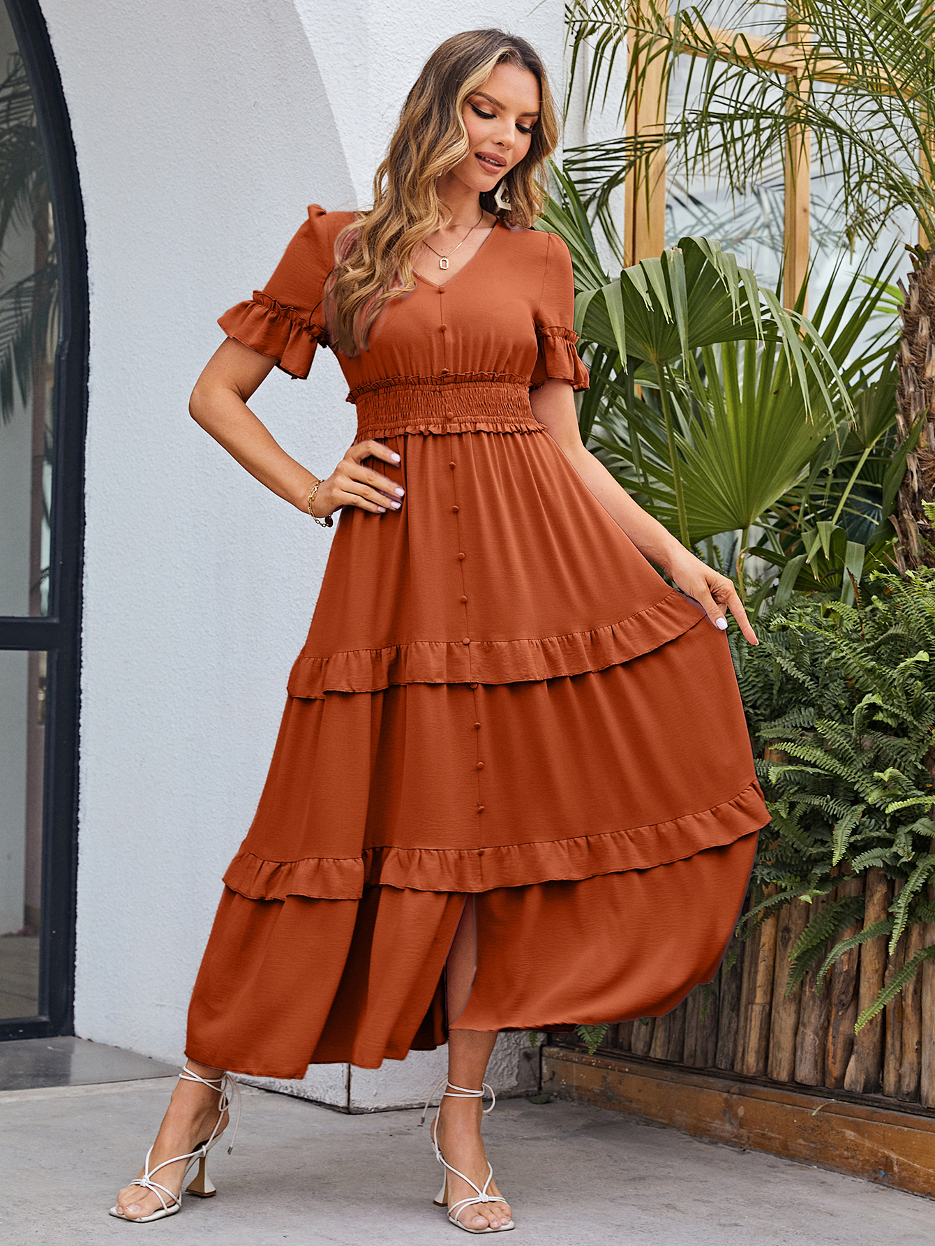 Short Sleeve Tiered Ruffle Smocked V-Neck Maxi Dress