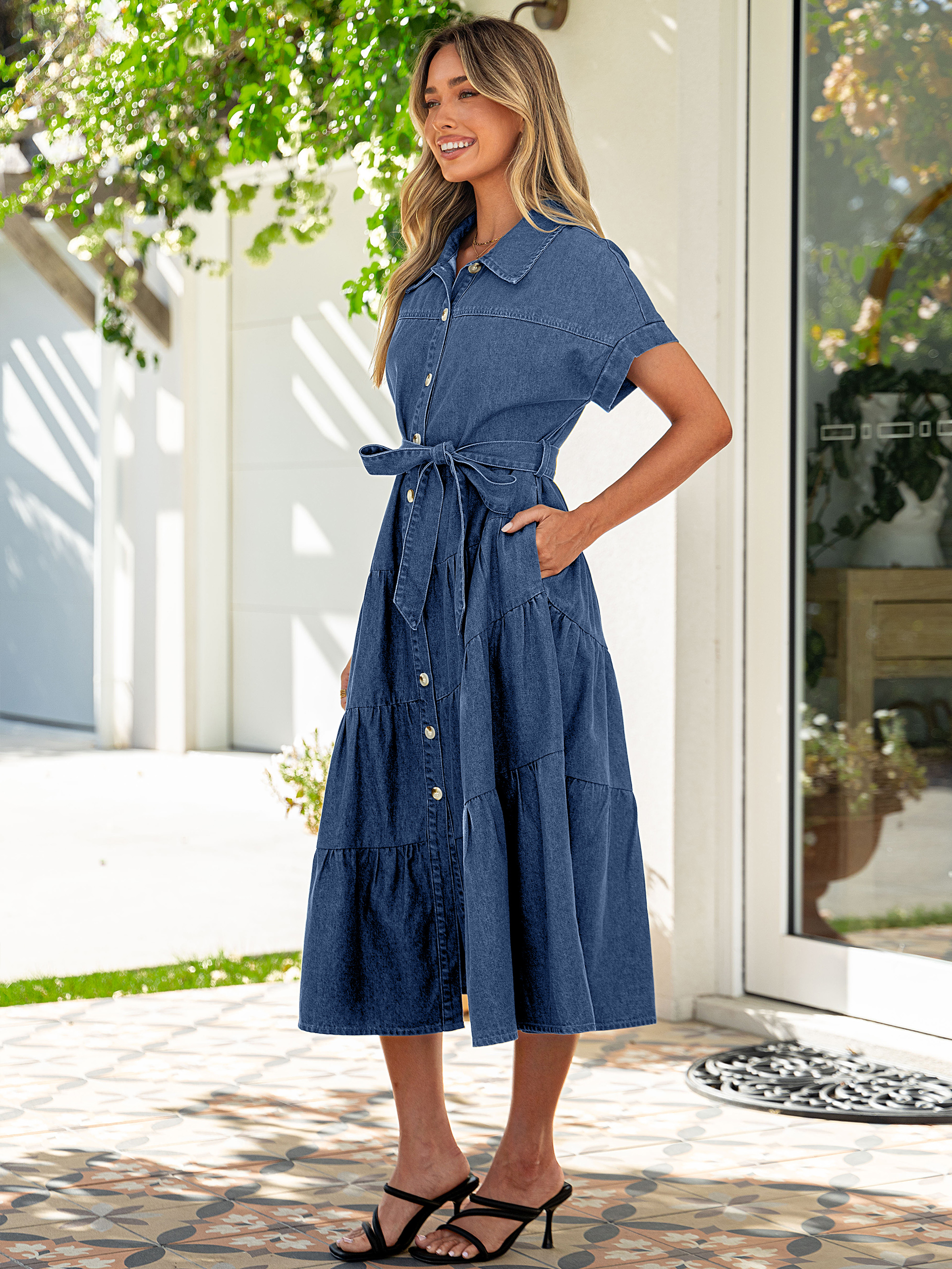 Short Sleeve Denim Belted Tiered Maxi Dress