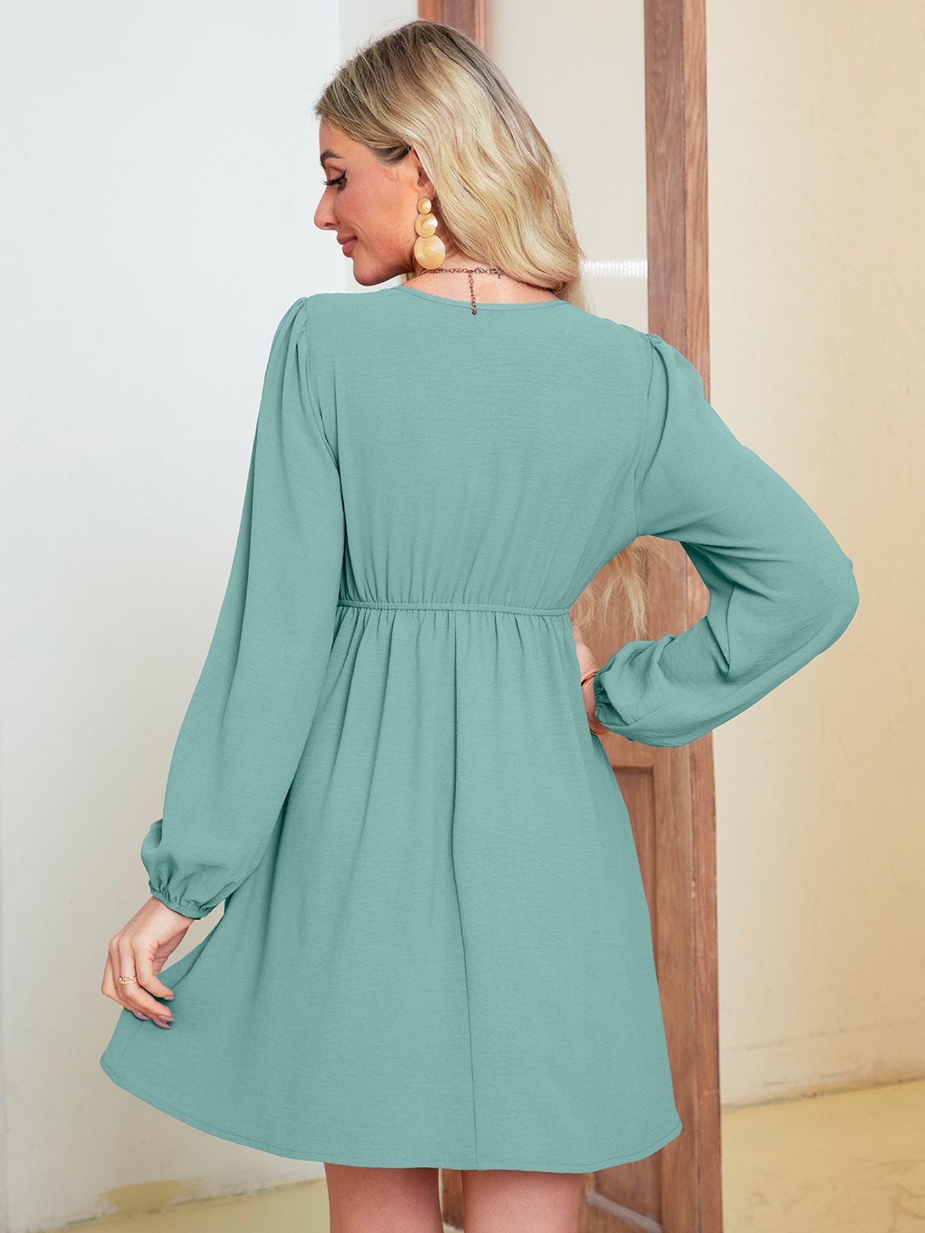 Deep V Puff Sleeve Smocked Babydoll Mini Dress