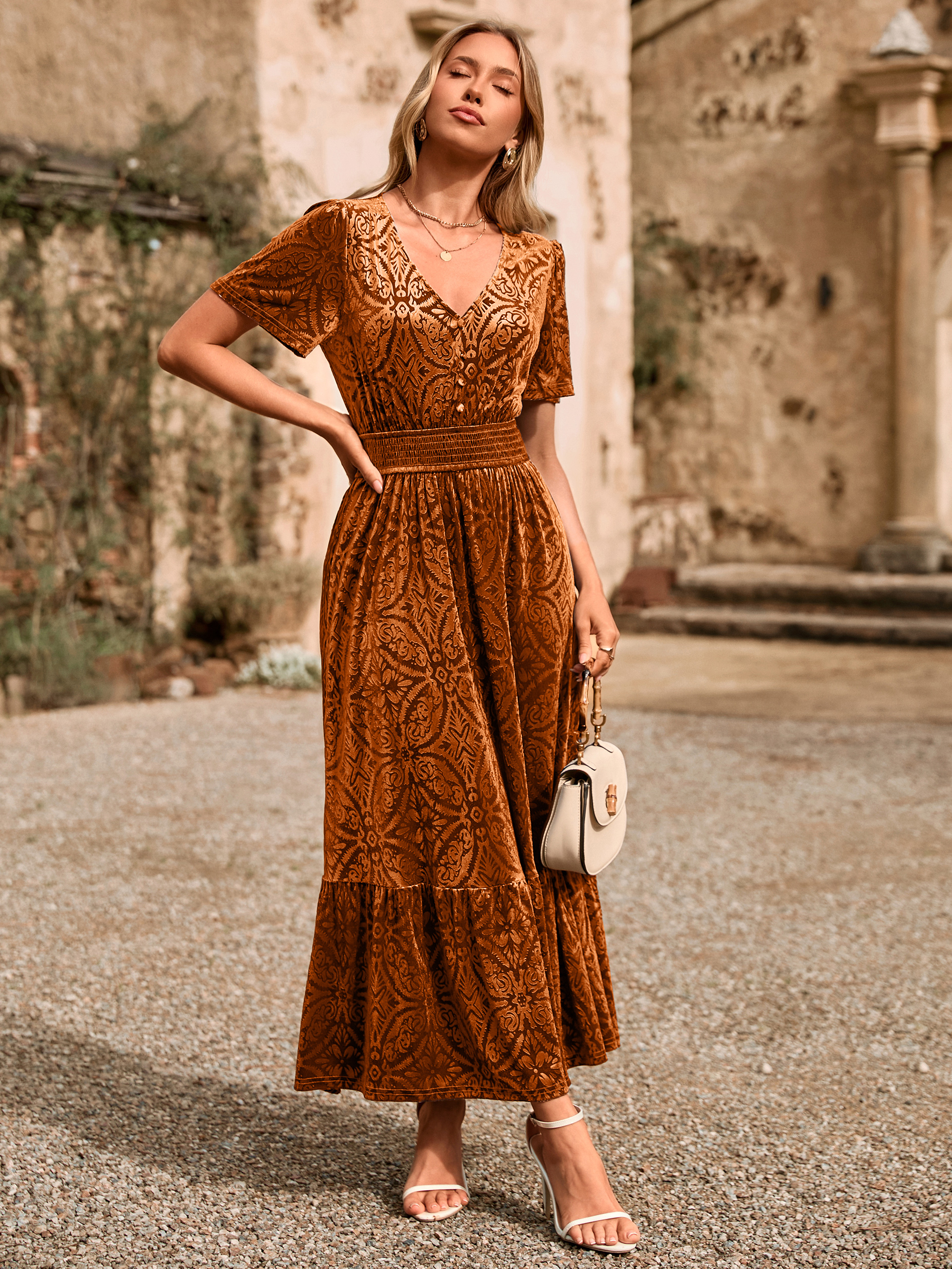 Velvet Floral V Neck Wedding Guest Maxi Dress
