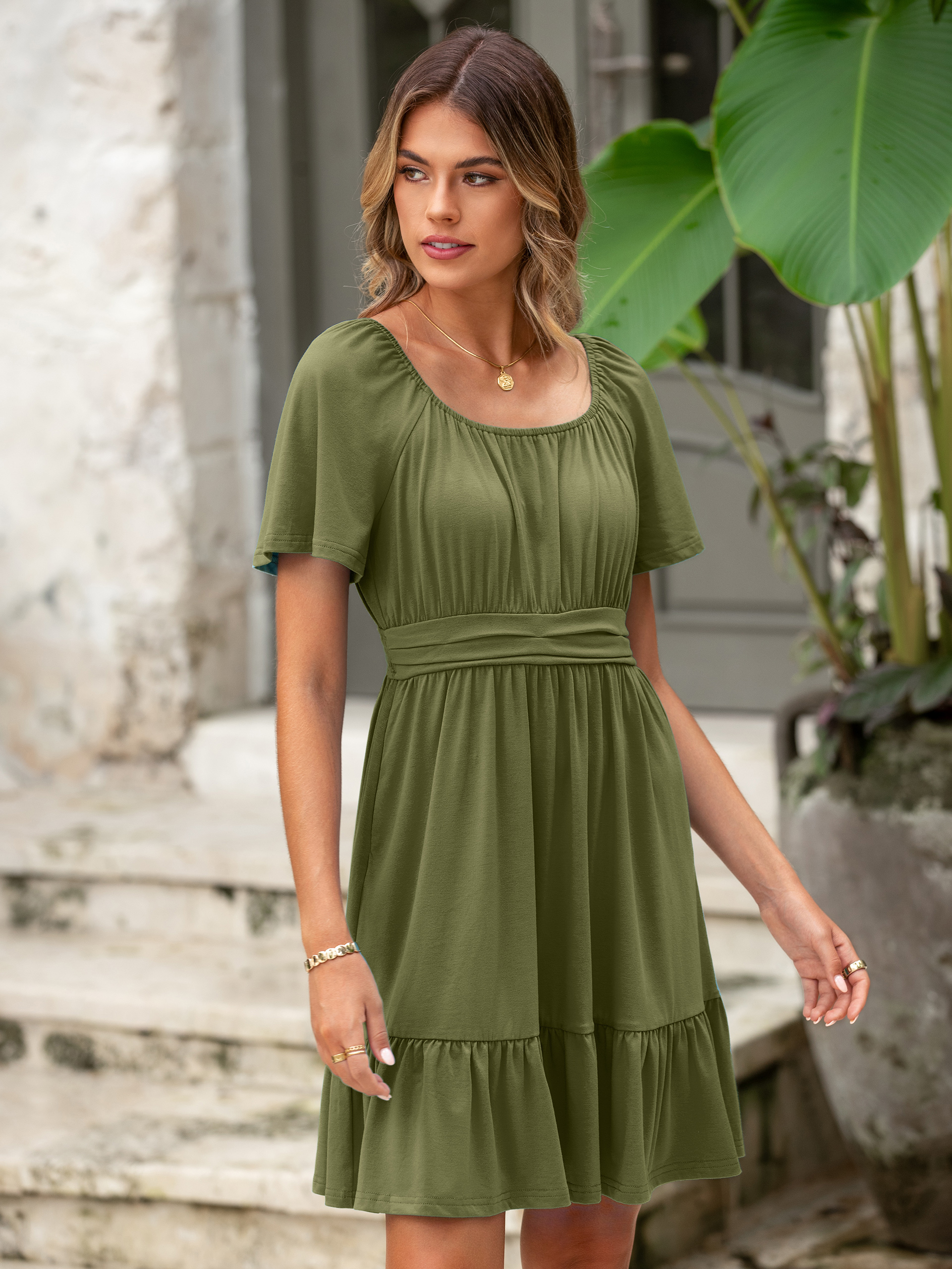 Square Neck Stretchy Tiered Waist Midi Dress
