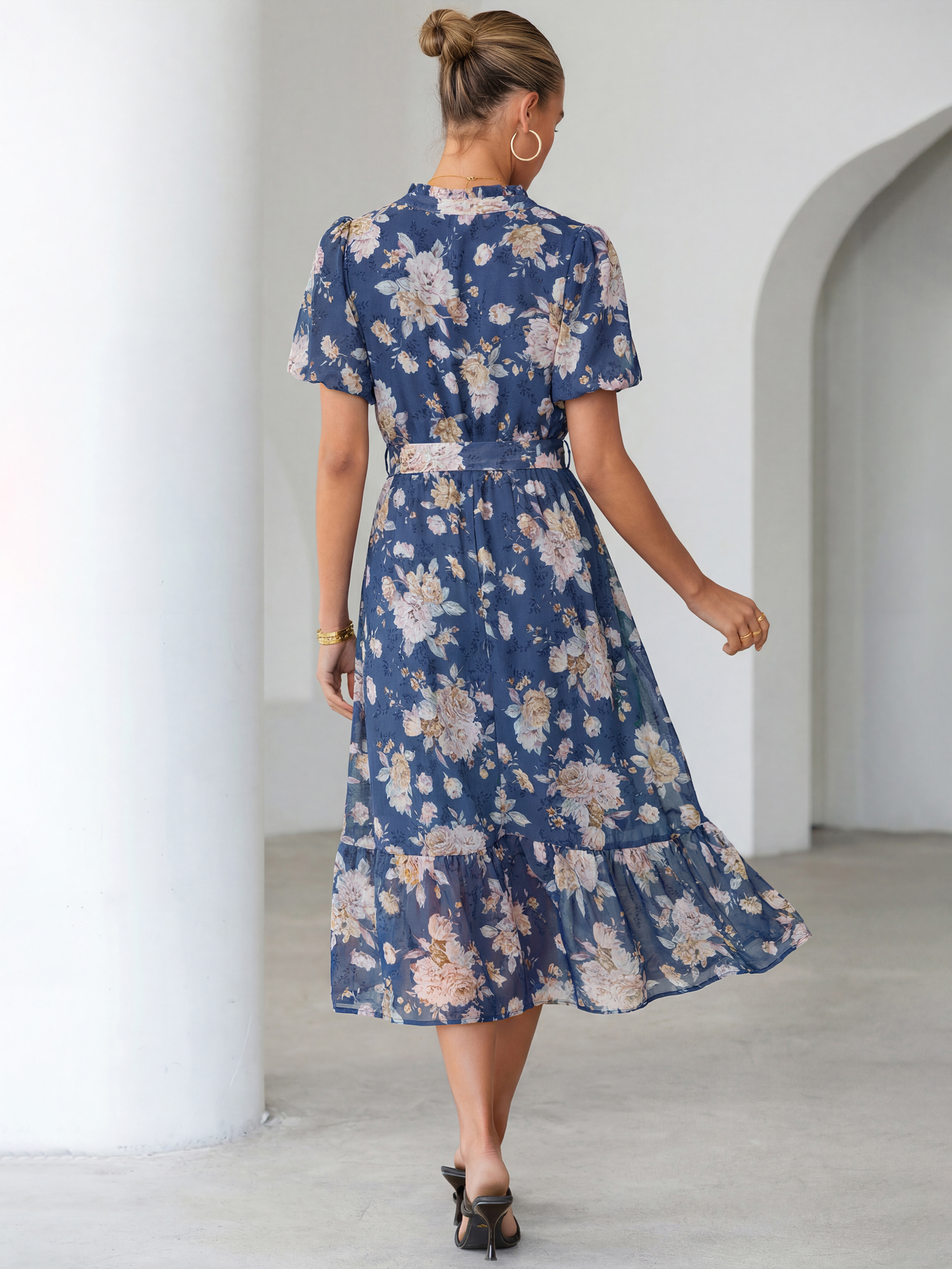 Floral V Neck Belted Tiered Maxi Dress