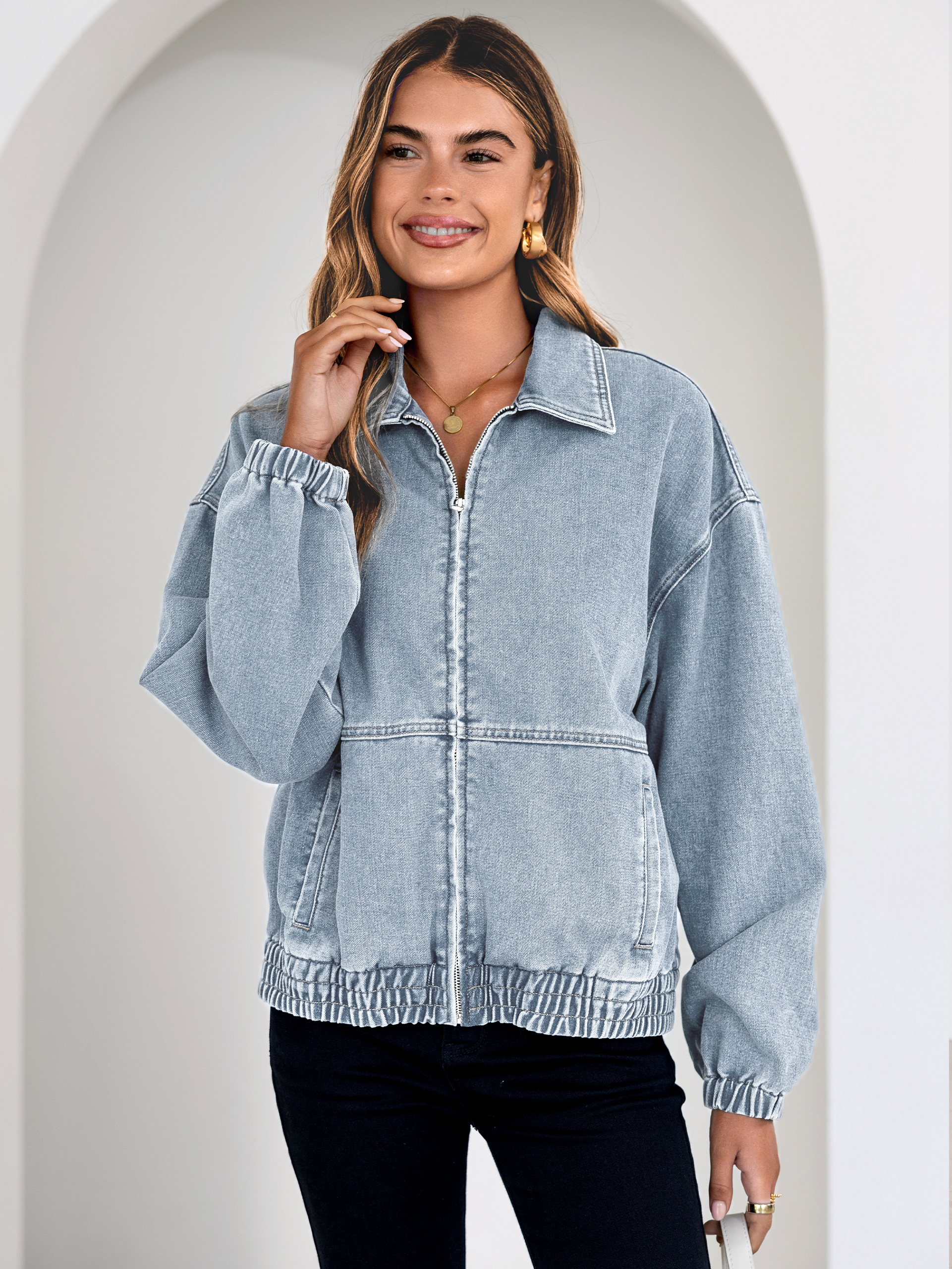 Classic Zip-Up Denim Bomber Jacket with Pockets