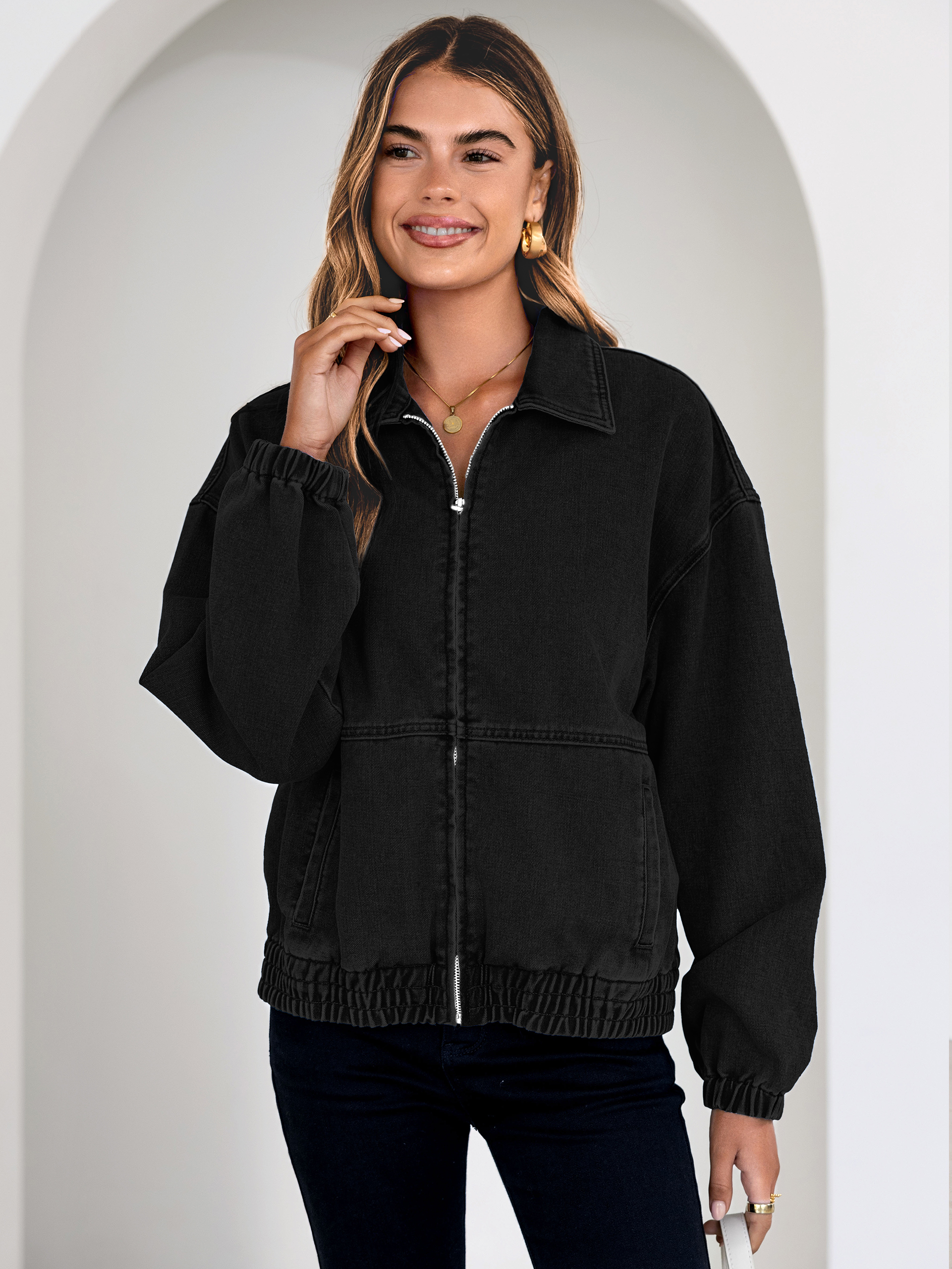 Classic Zip-Up Denim Bomber Jacket with Pockets