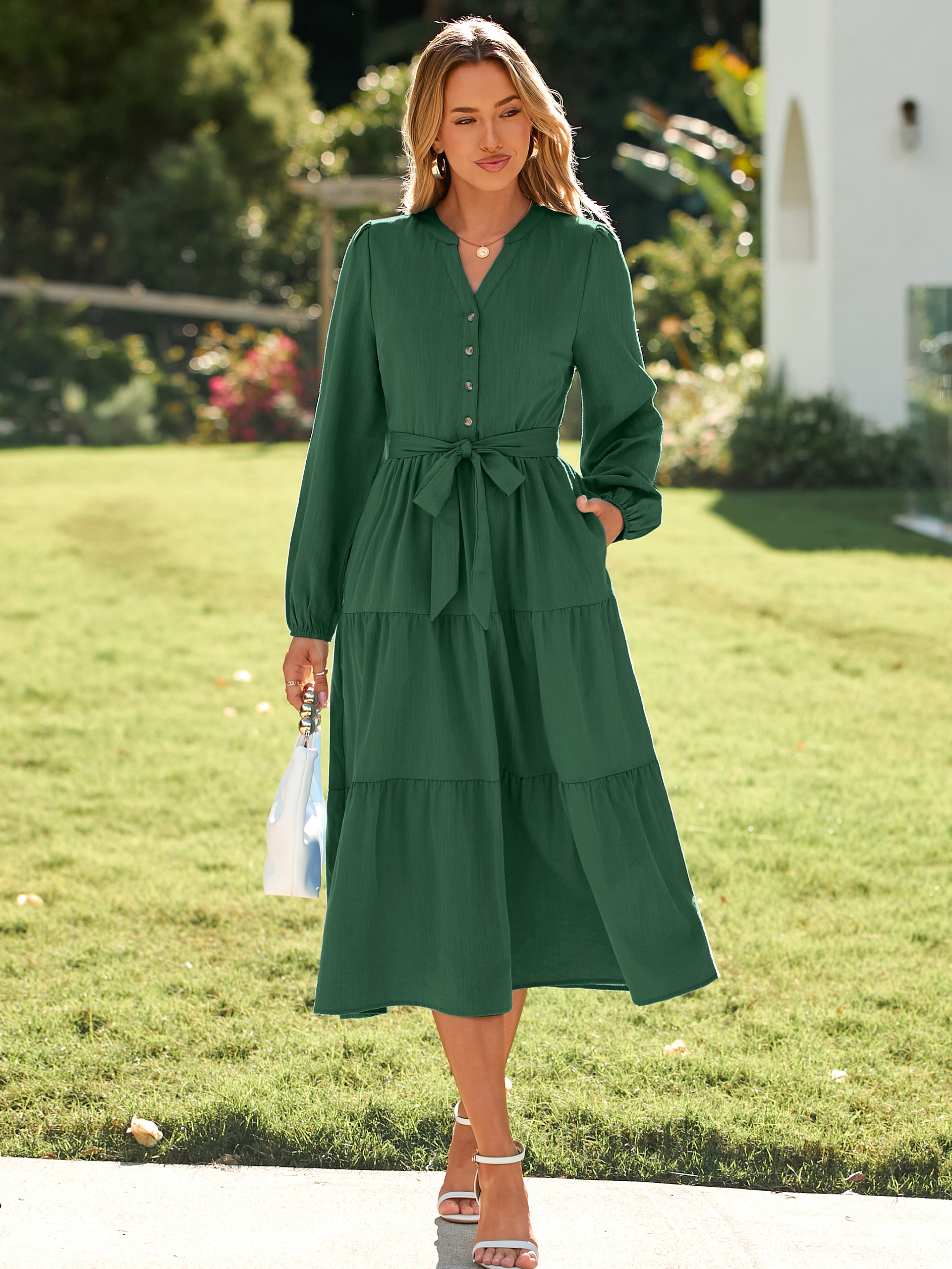 Button Down Tie Waist Long Sleeve Maxi Dress