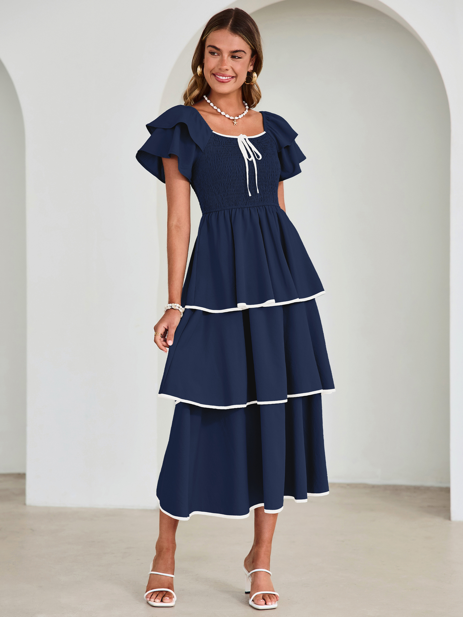 Ruched Off Shoulder Tiered Maxi Dress - Navy Blue