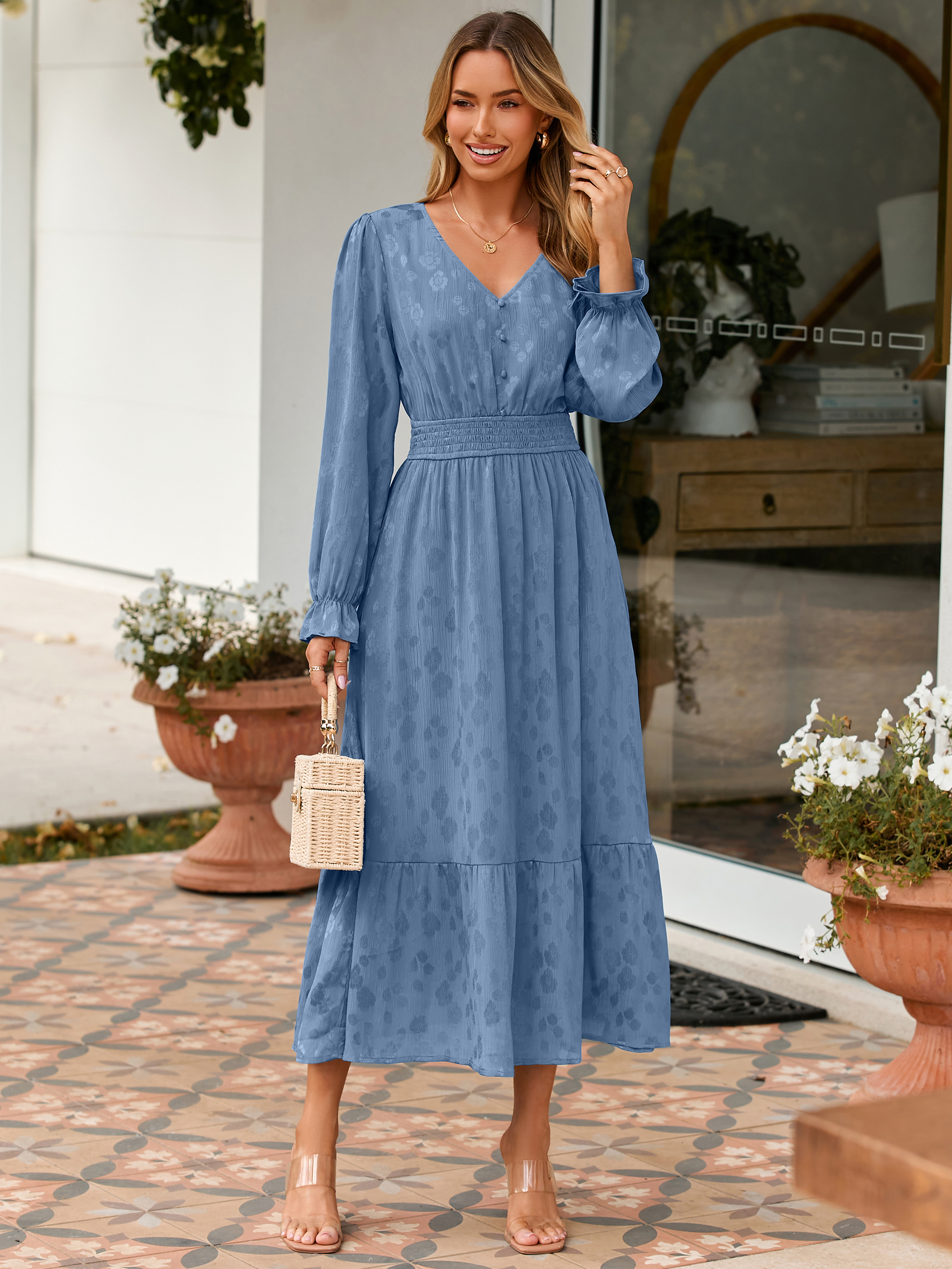 V Neck Empire Waist Long Sleeve Maxi Dress