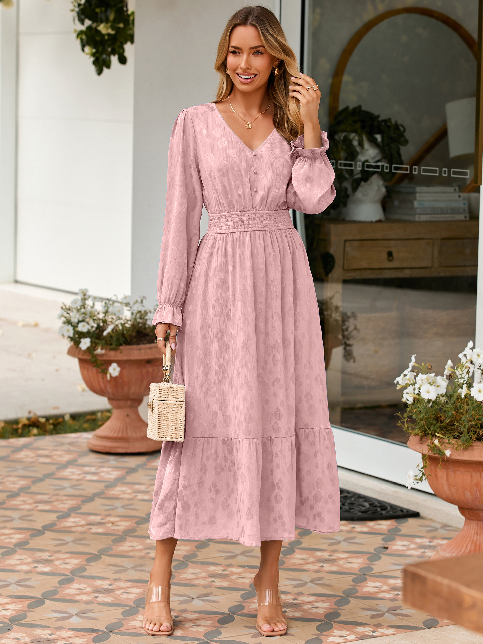 V Neck Empire Waist Long Sleeve Maxi Dress
