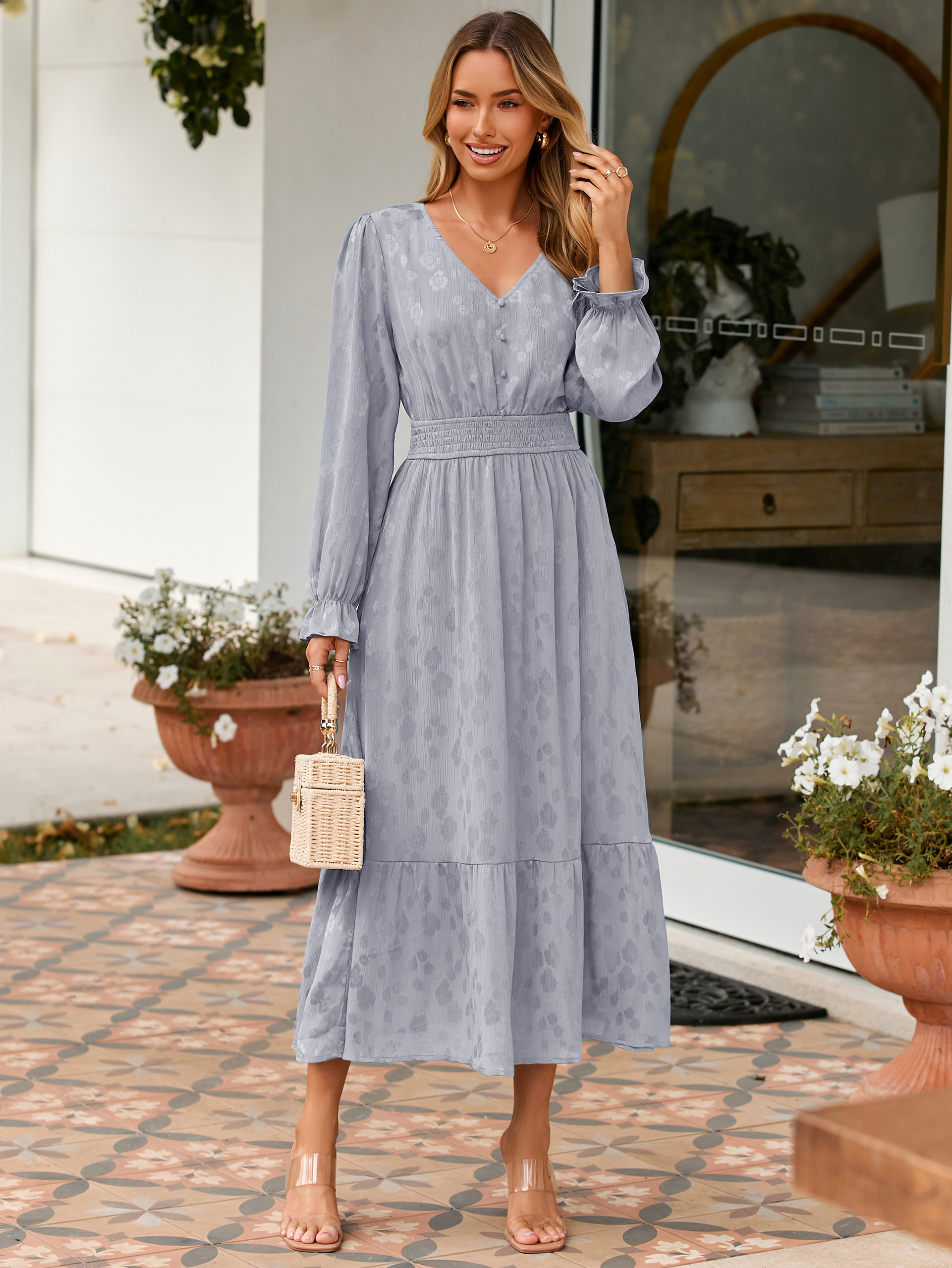 V Neck Empire Waist Long Sleeve Maxi Dress