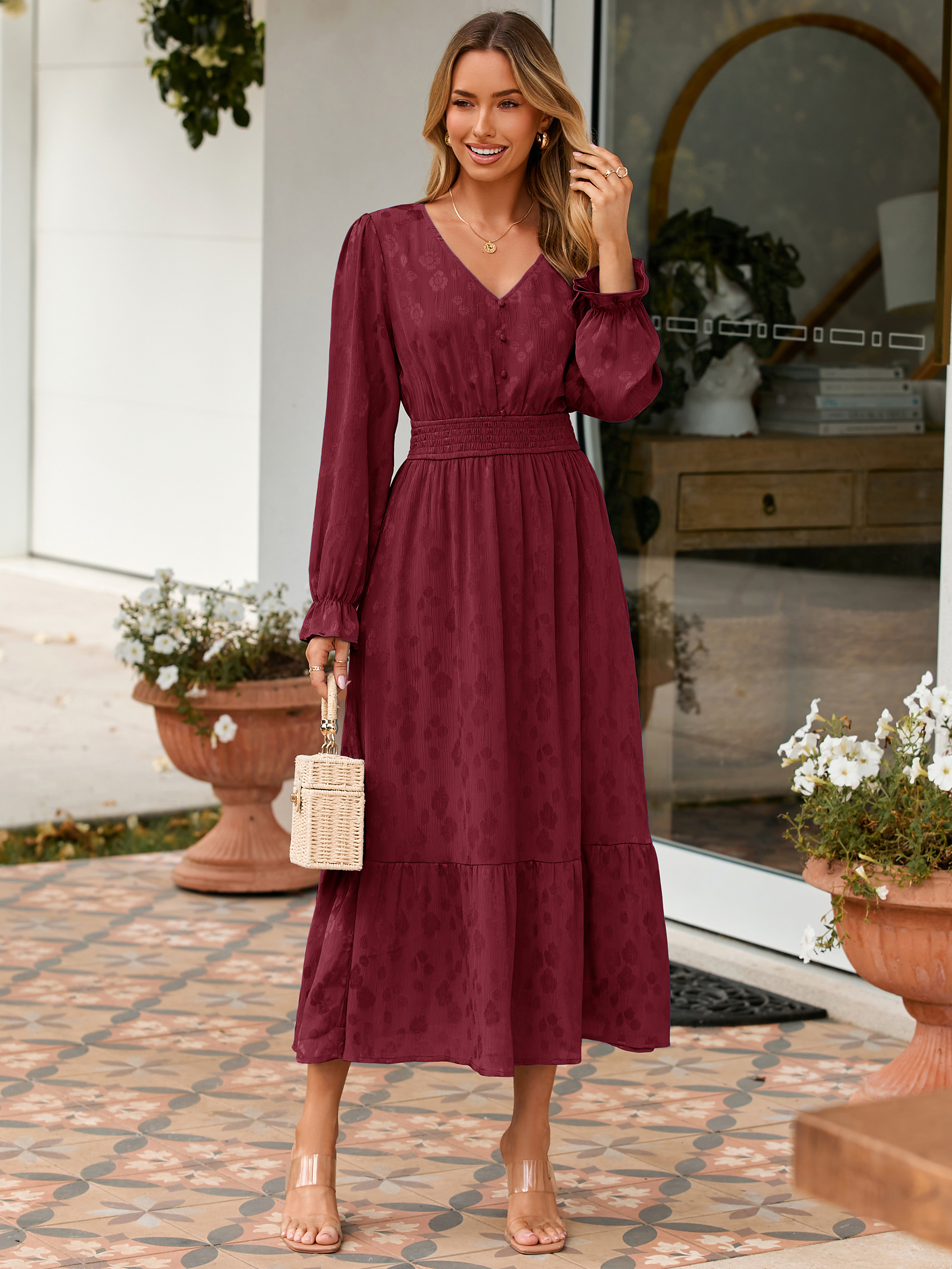 V Neck Empire Waist Long Sleeve Maxi Dress
