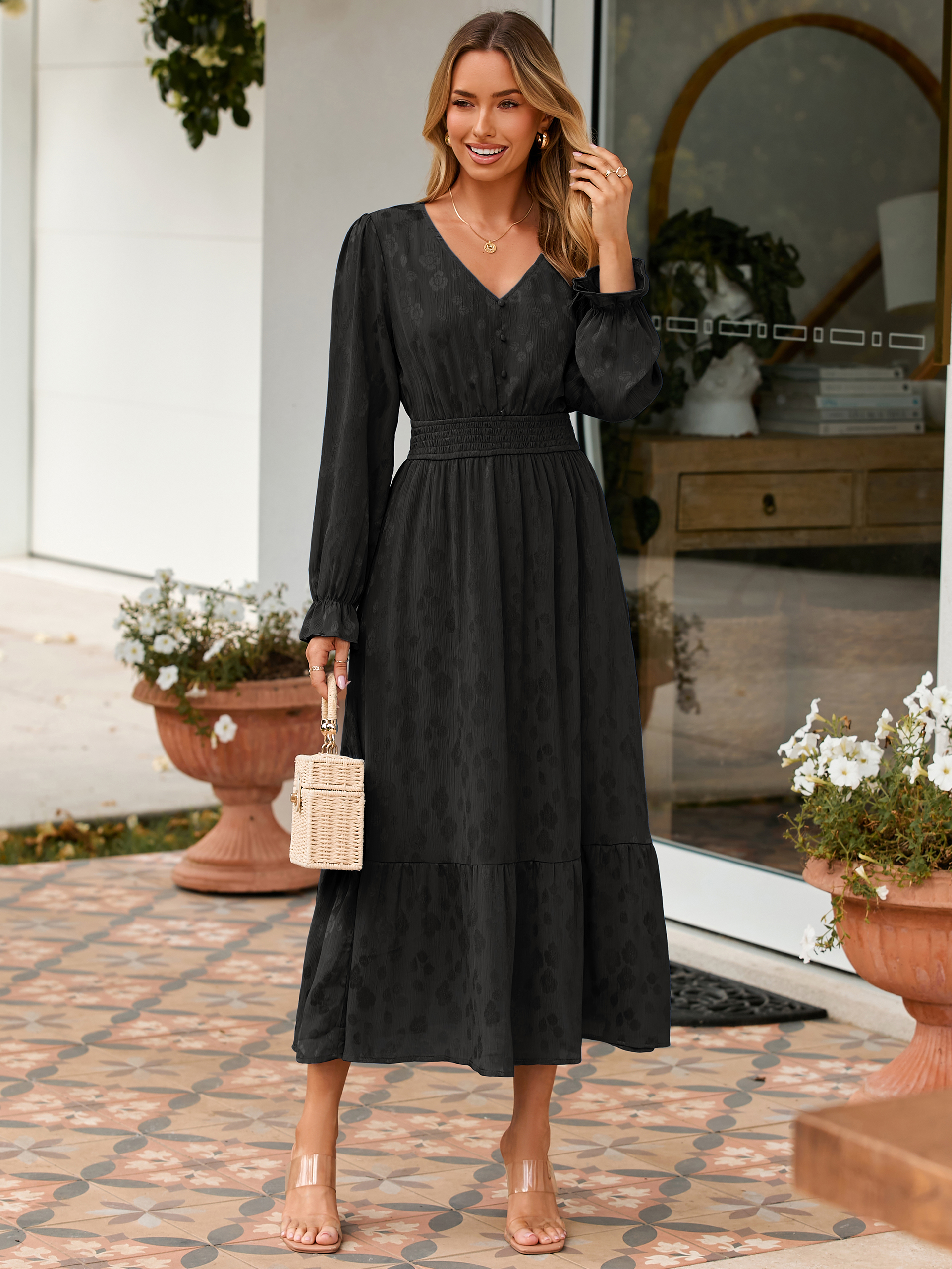 V Neck Empire Waist Long Sleeve Maxi Dress