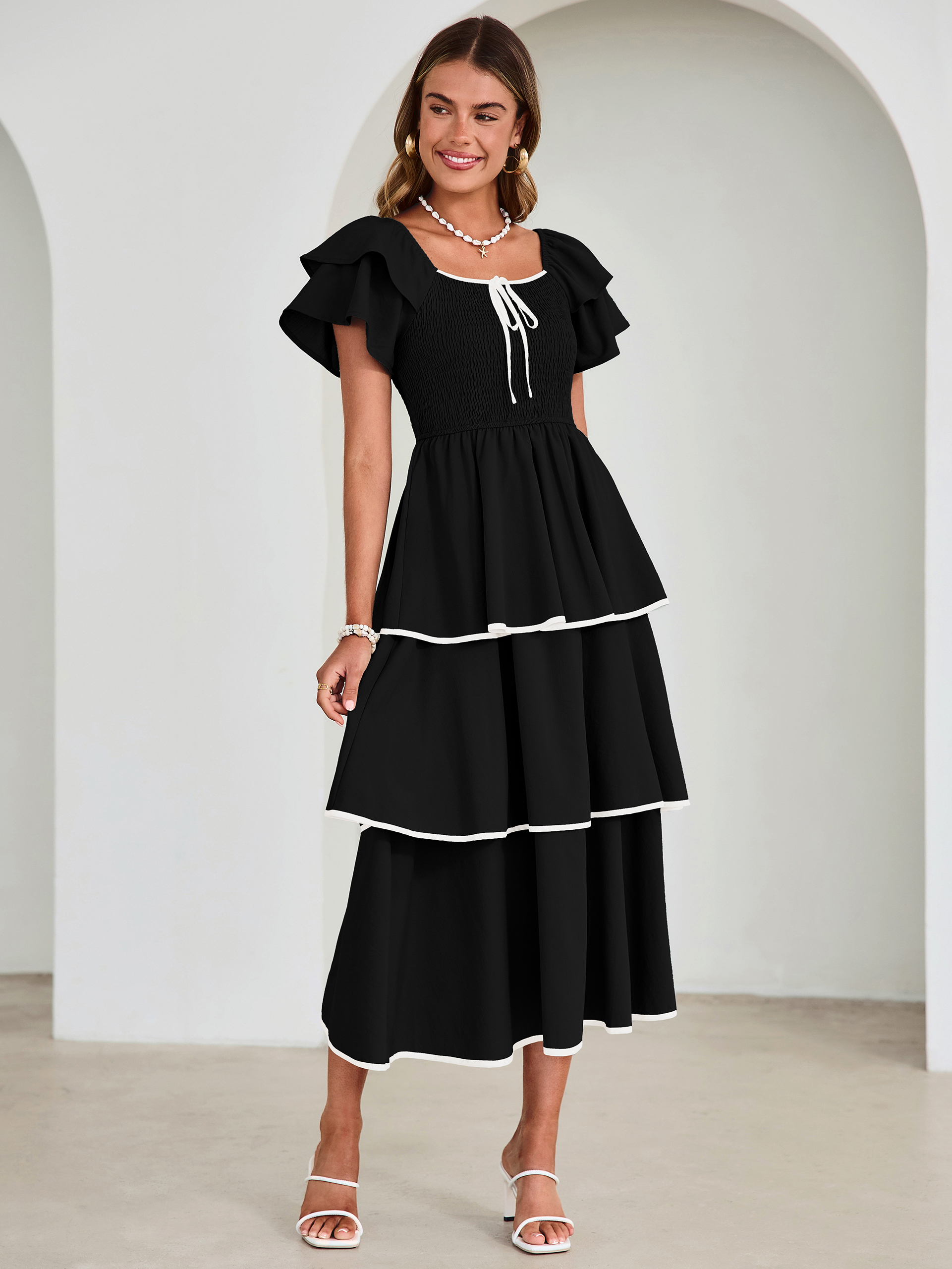Ruched Off Shoulder Tiered Maxi Dress - Black