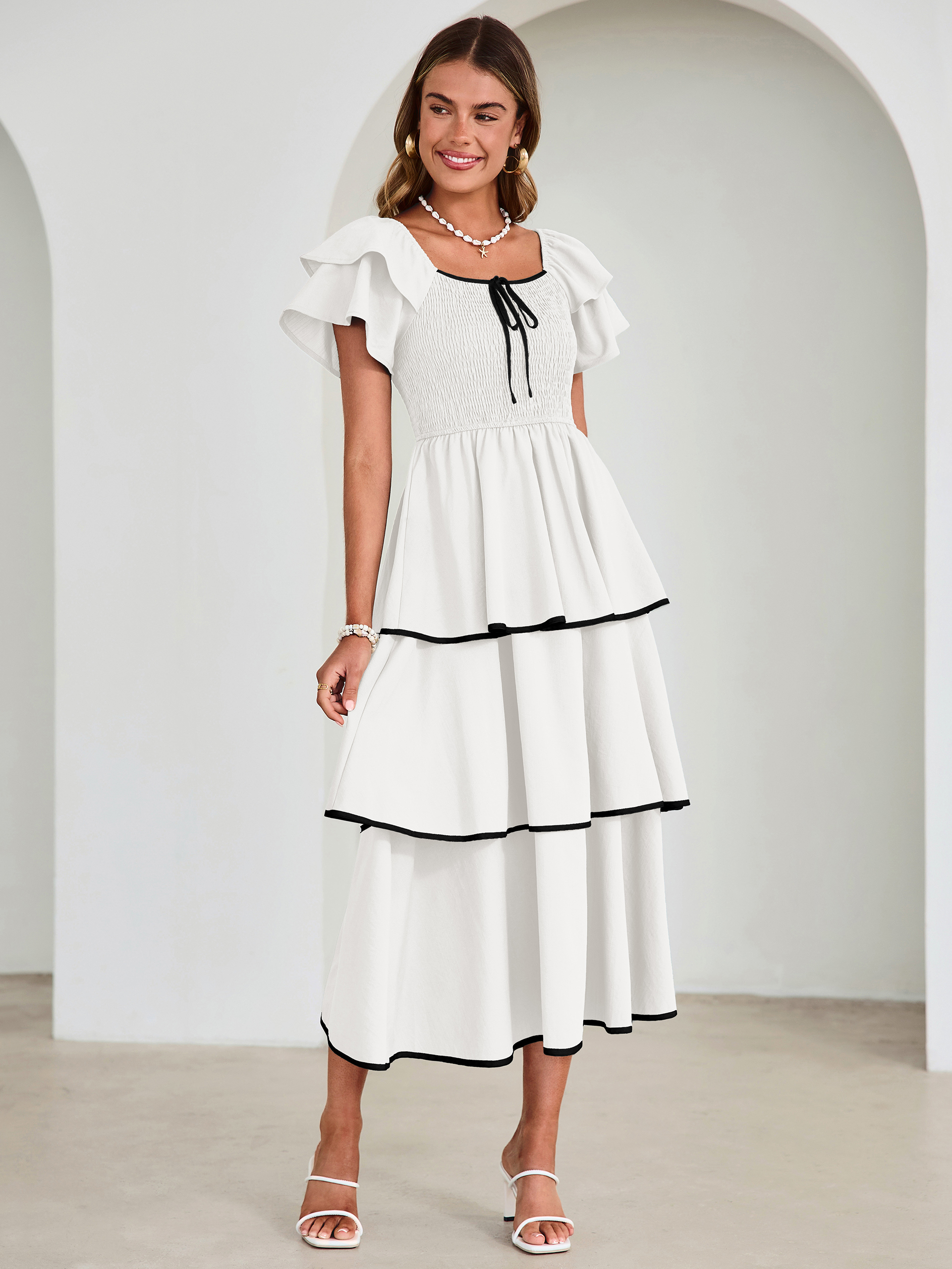 Ruched Off Shoulder Tiered Maxi Dress - White