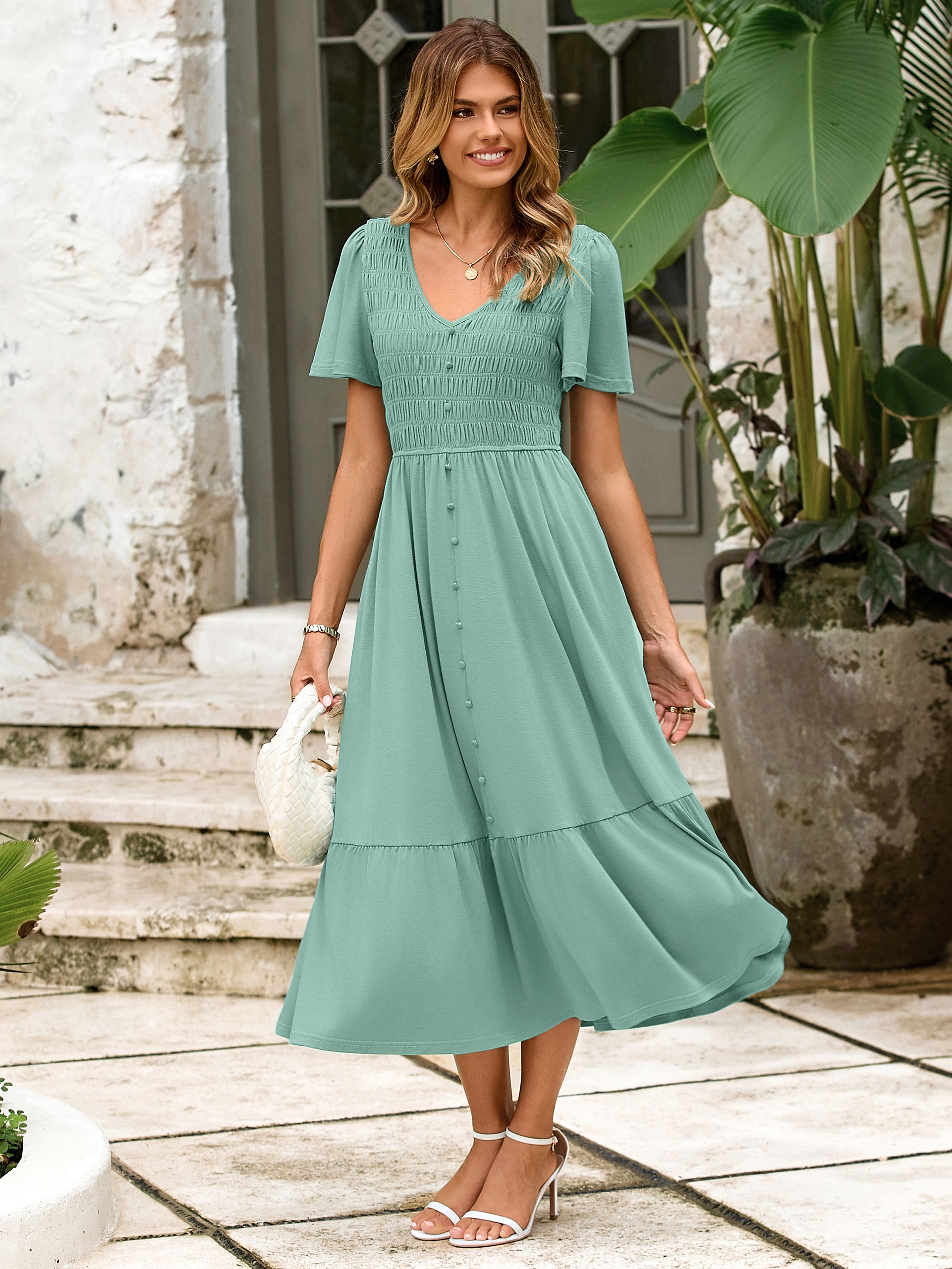 Smocked Waist Flutter Sleeve Boho Maxi Dress