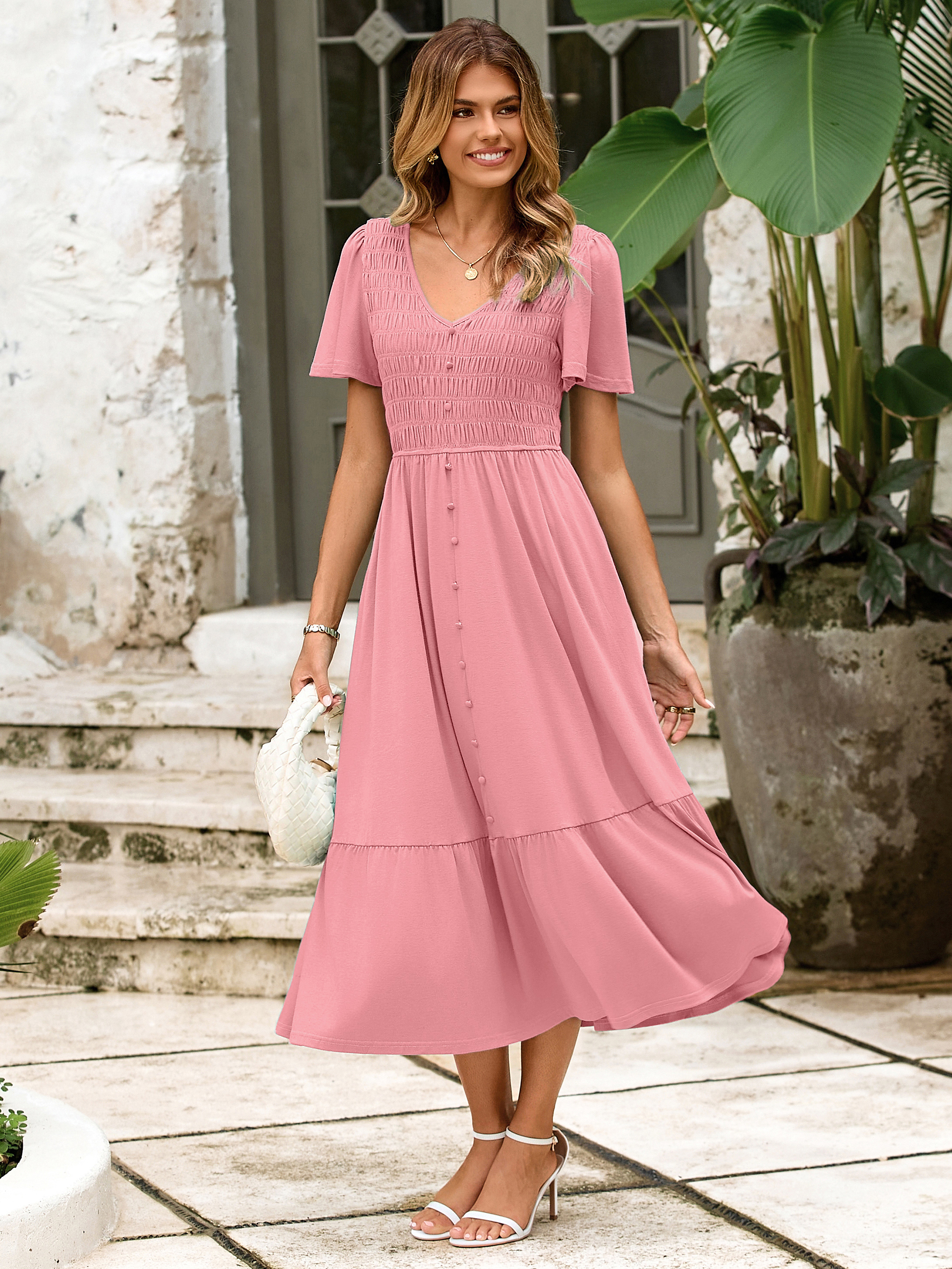 Smocked Waist Flutter Sleeve Boho Maxi Dress
