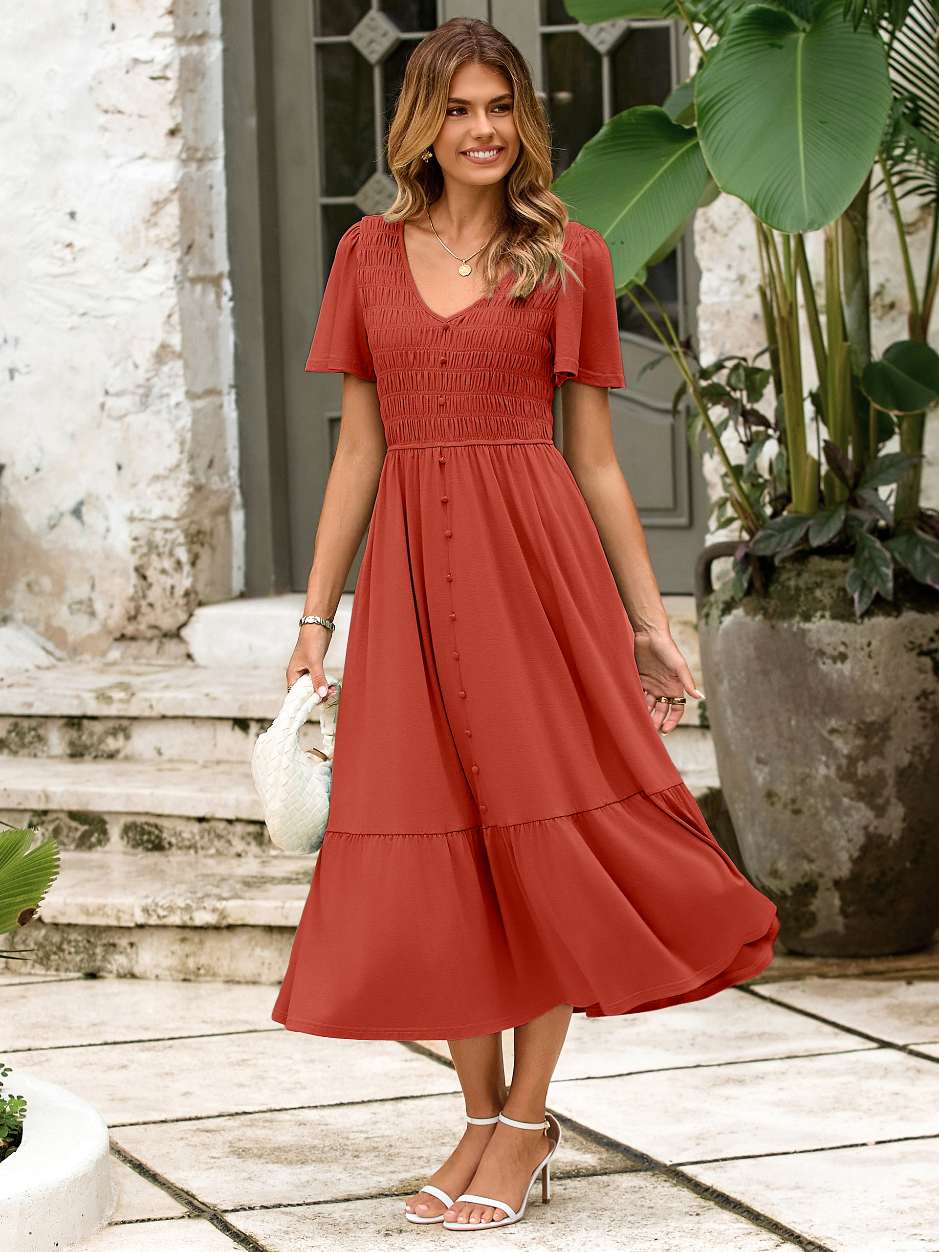 Smocked Waist Flutter Sleeve Boho Maxi Dress