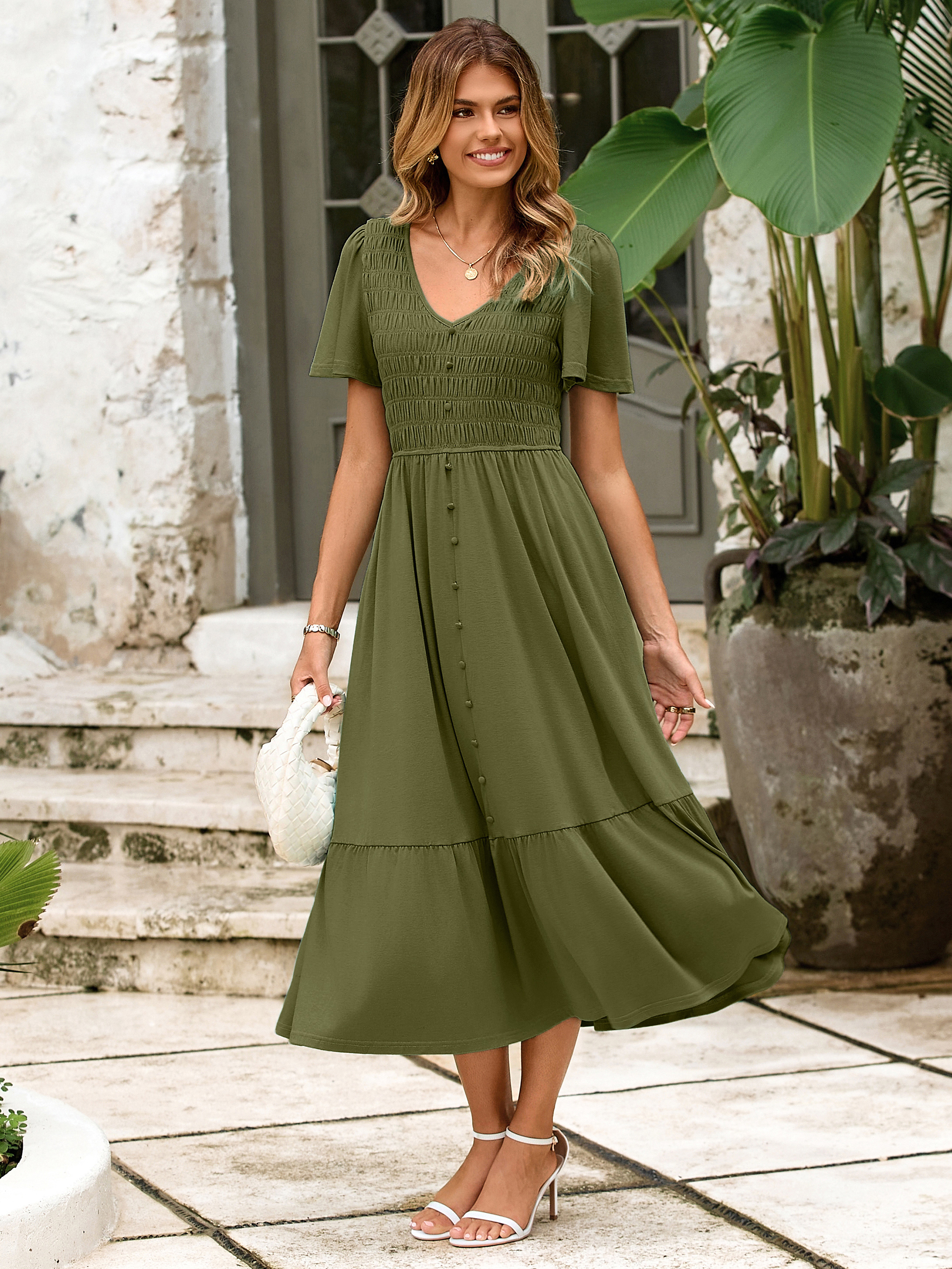 Smocked Waist Flutter Sleeve Boho Maxi Dress