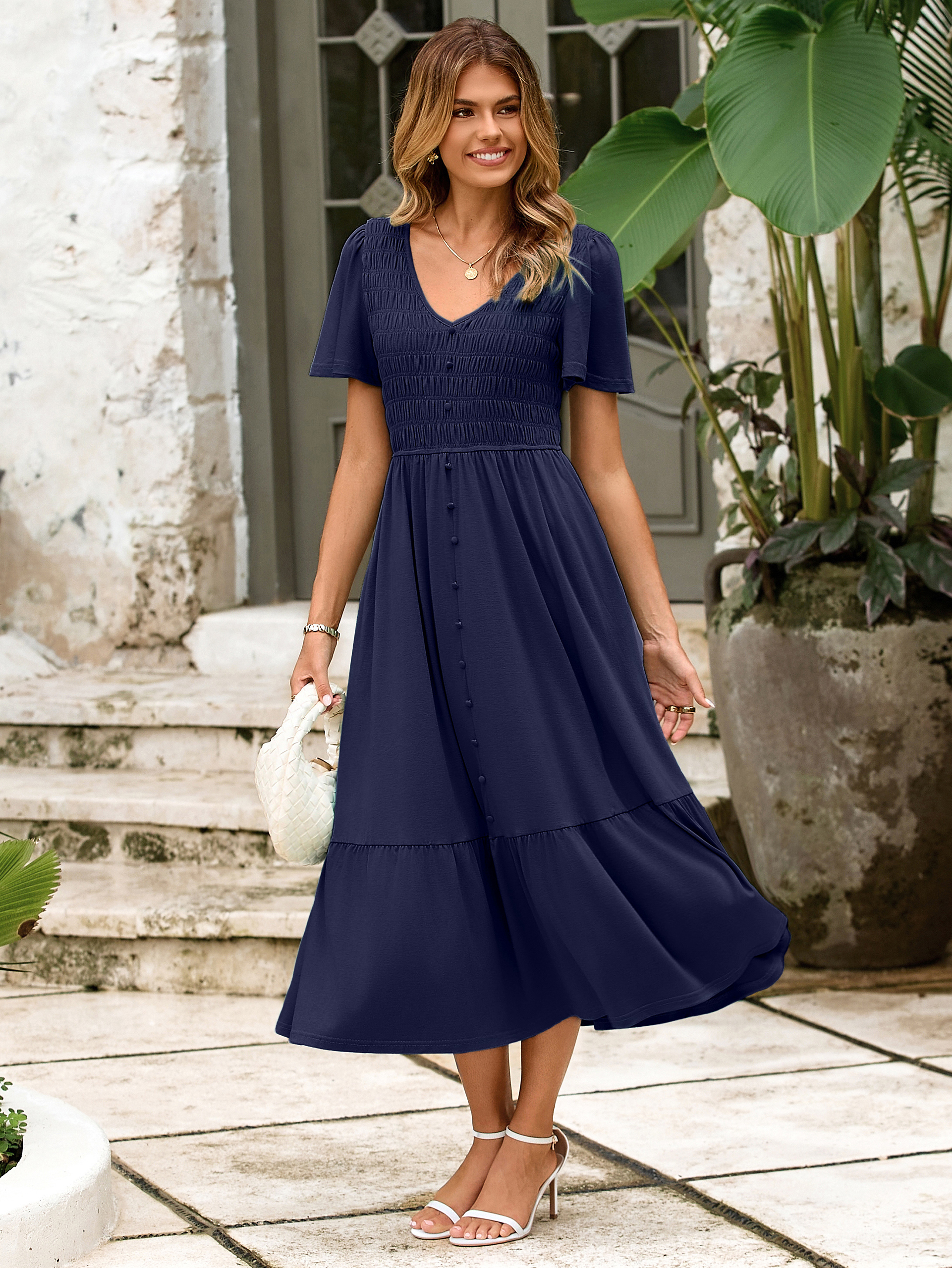 Smocked Waist Flutter Sleeve Boho Maxi Dress