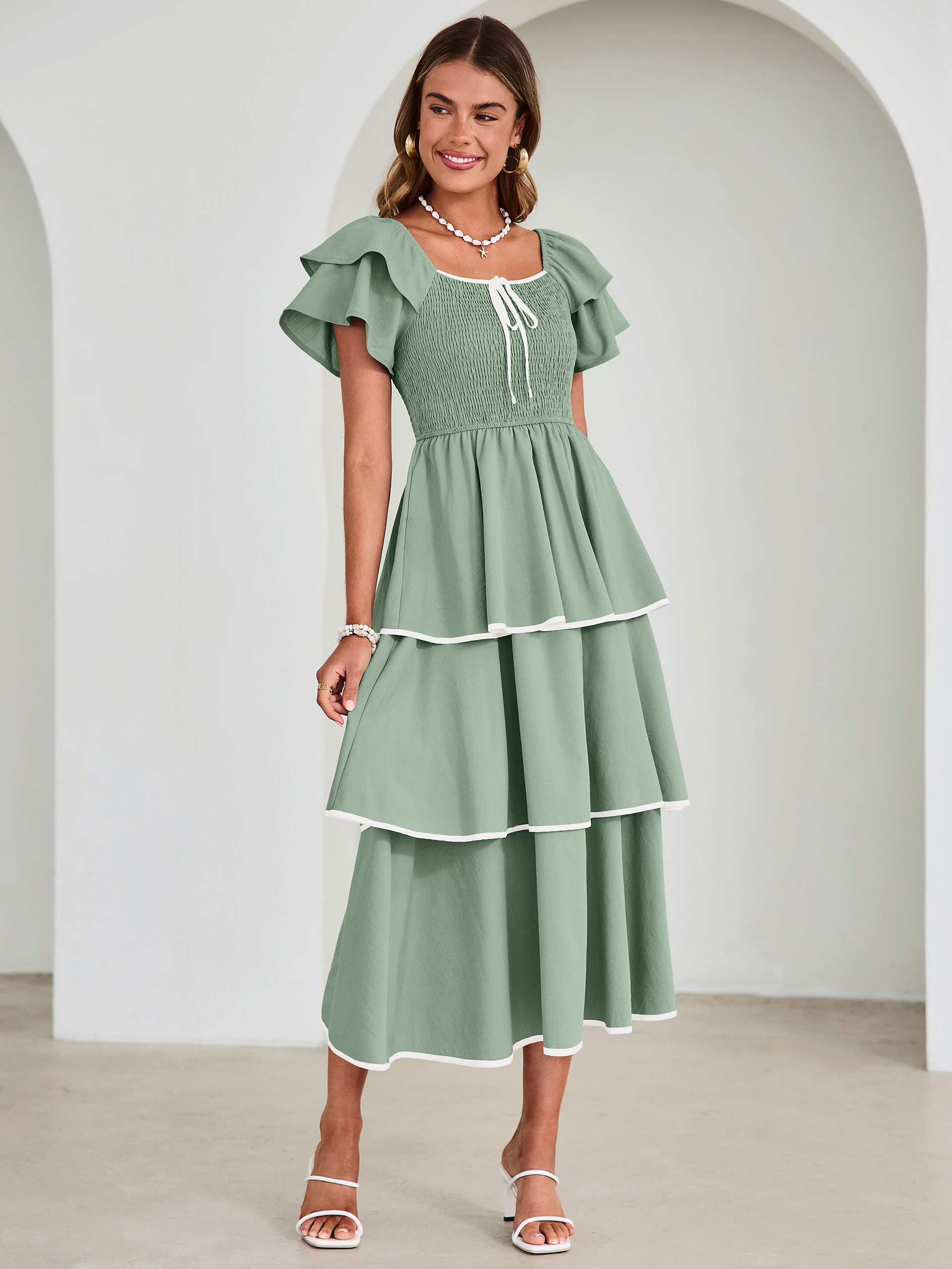 Ruched Off Shoulder Tiered Maxi Dress - Sage Green