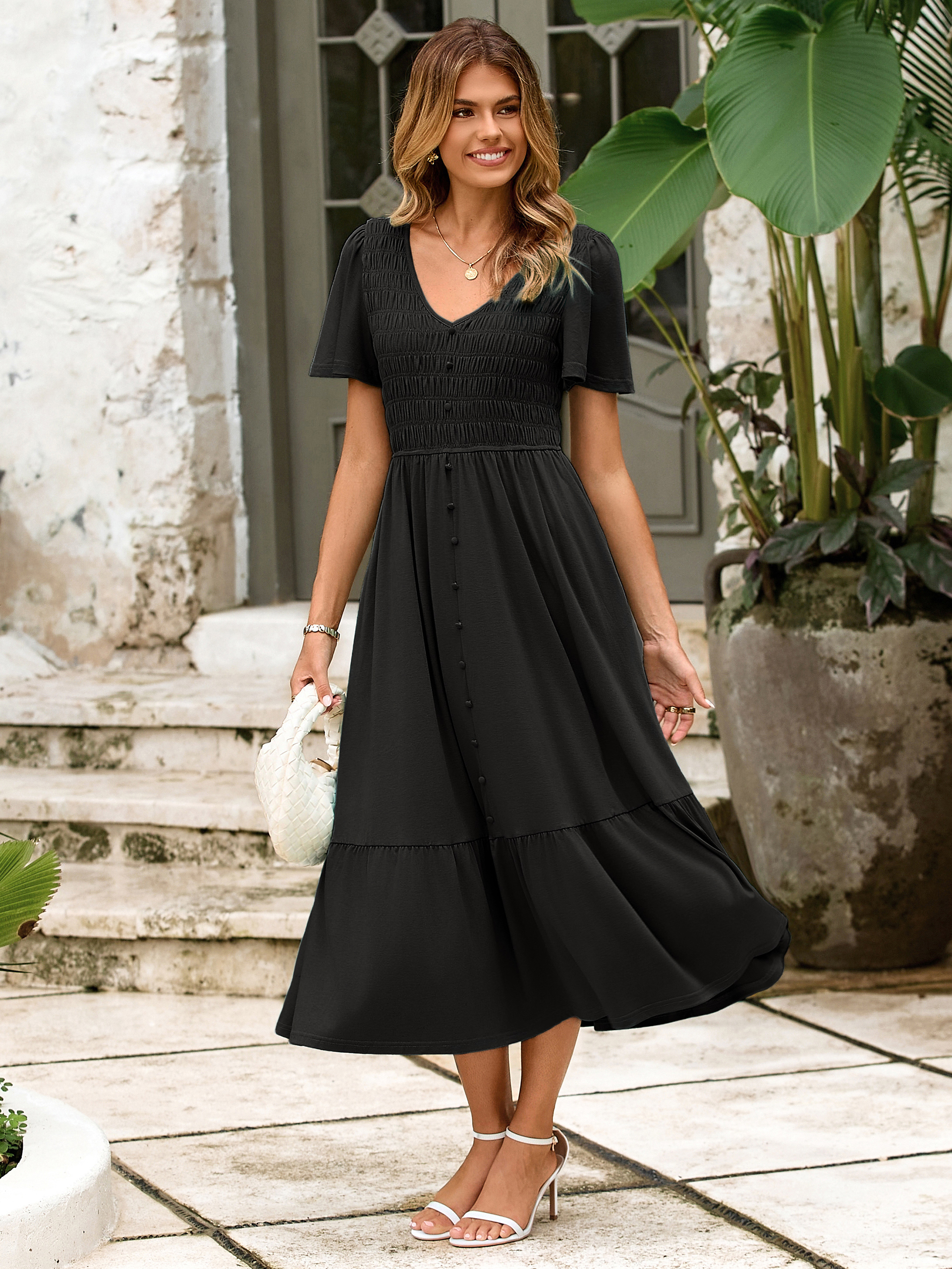 Smocked Waist Flutter Sleeve Boho Maxi Dress