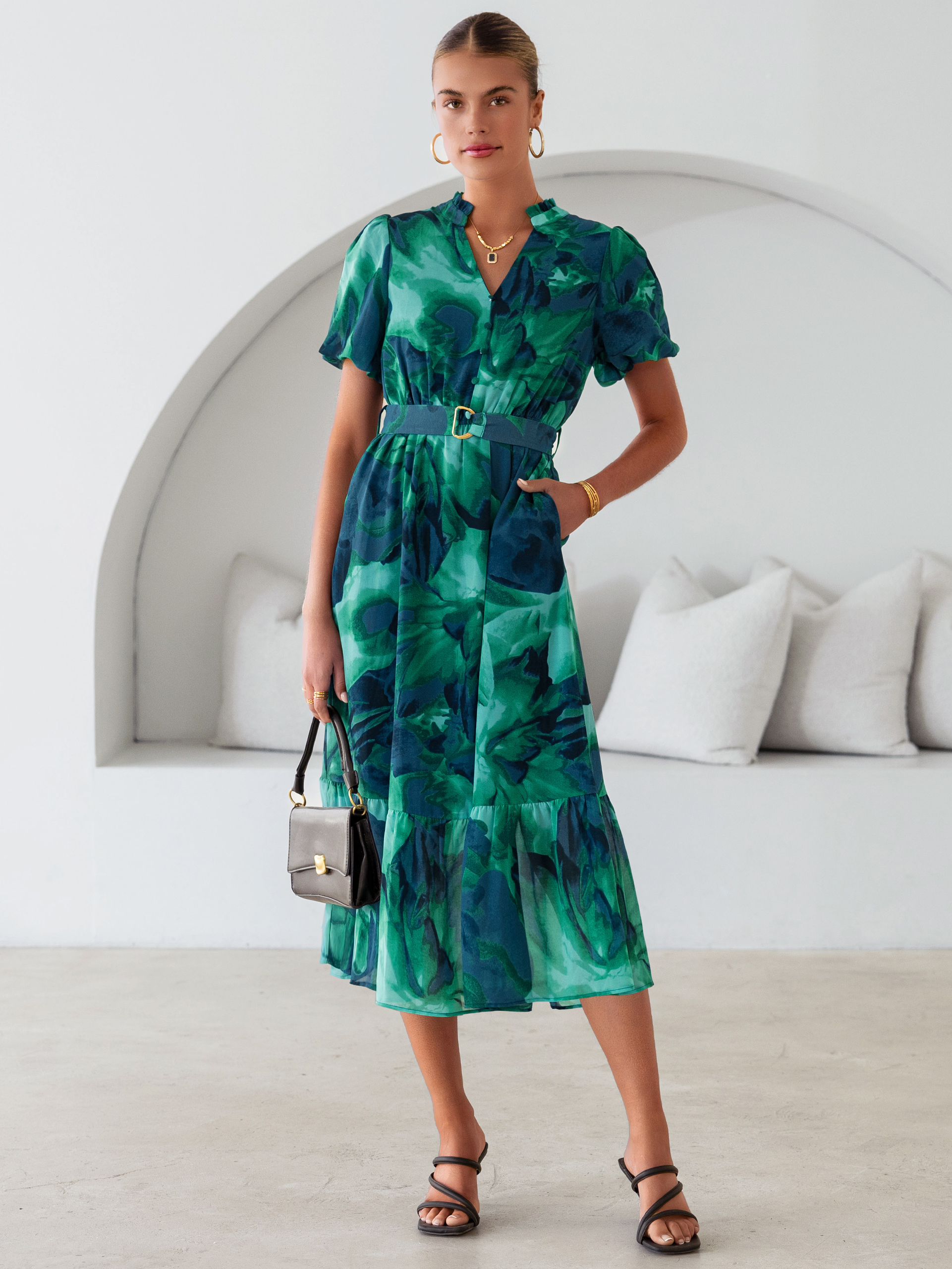 Floral V Neck Belted Tiered Maxi Dress