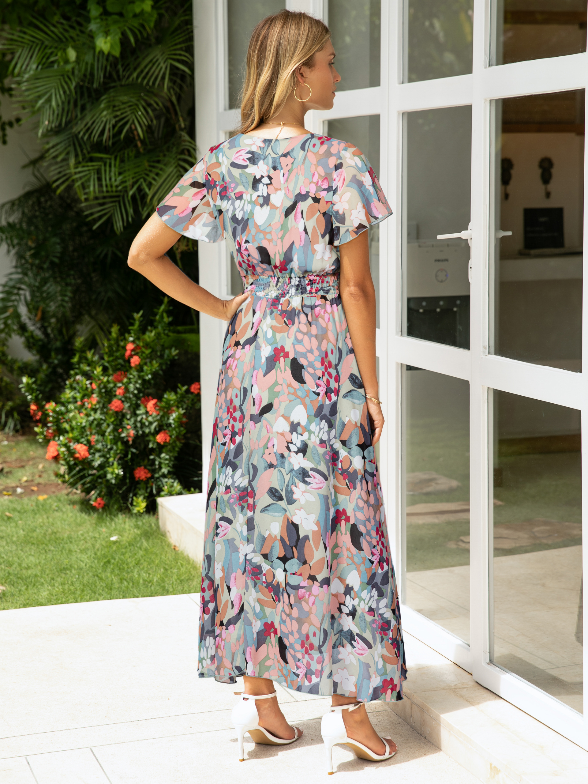 Boho V Neck Smocked Waist A-Line Maxi Dress