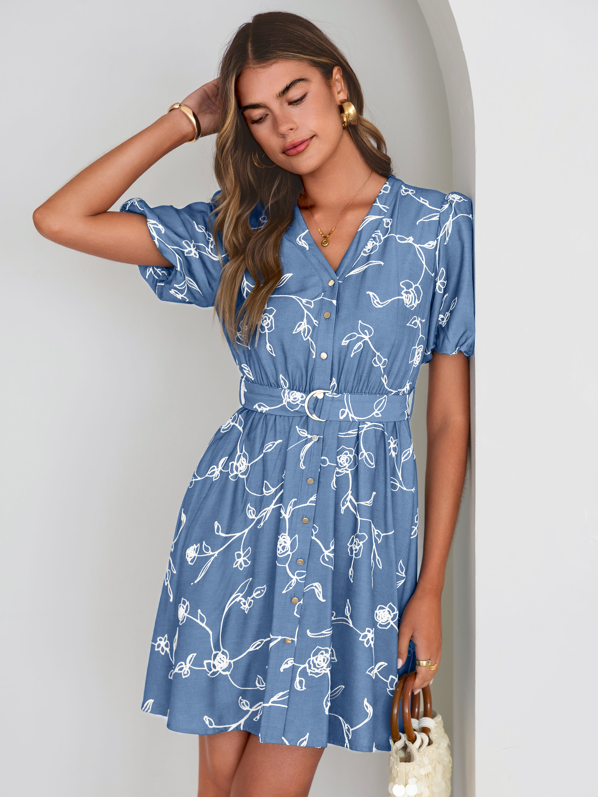 Embroidered Cotton Denim Belted A-Line Dress
