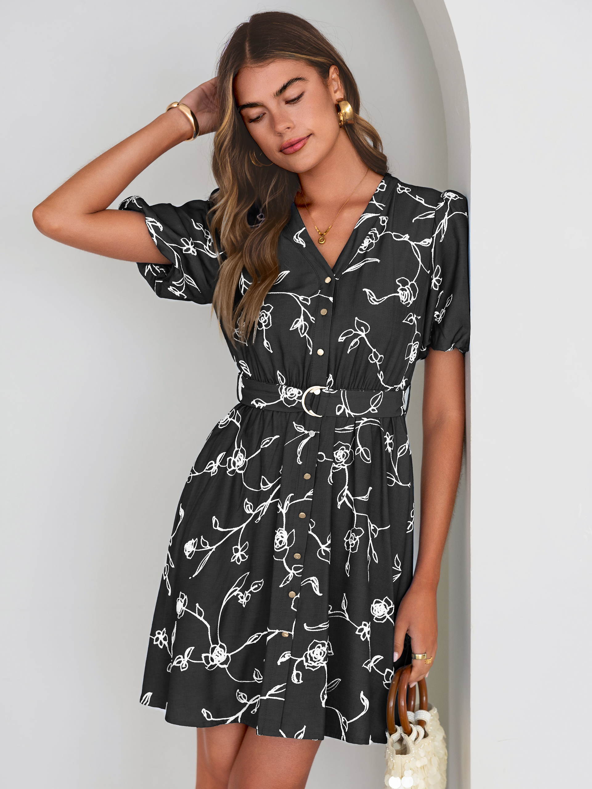 Embroidered Cotton Denim Belted A-Line Dress