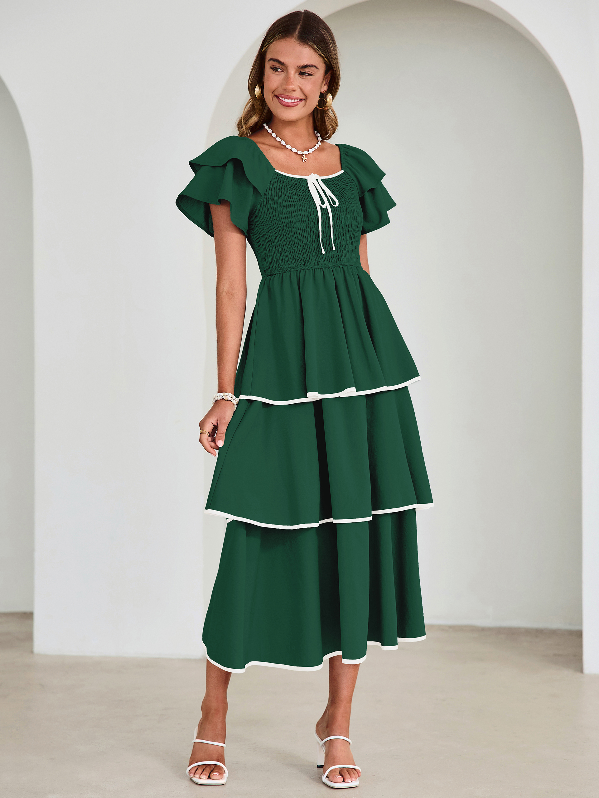 Ruched Off Shoulder Tiered Maxi Dress - Dark Green