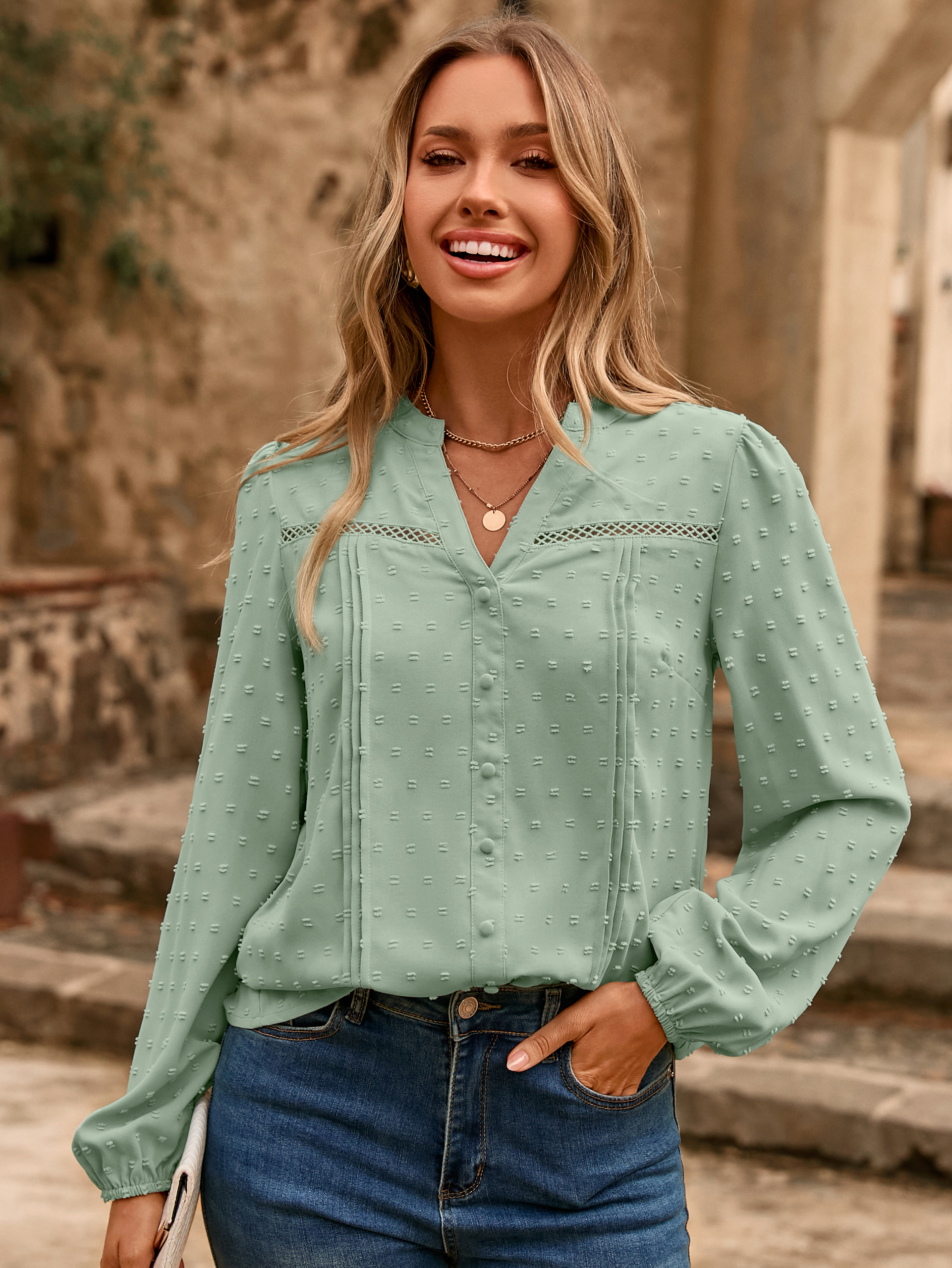 Lace Trim V Neck Swiss Dot Blouse