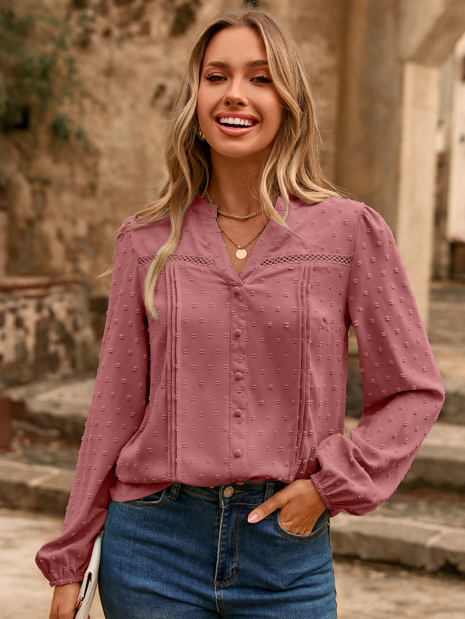 Lace Trim V Neck Swiss Dot Blouse