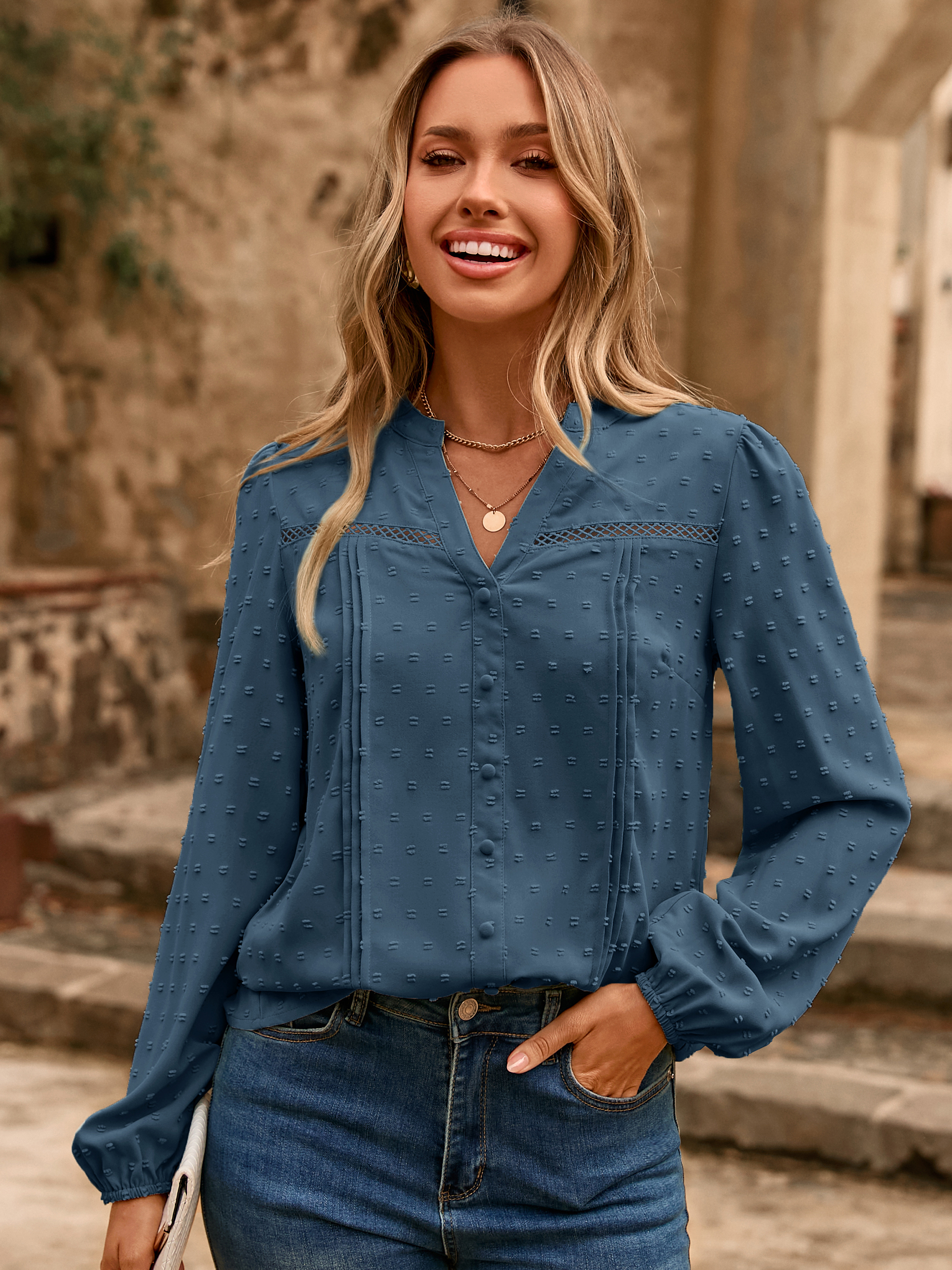 Lace Trim V Neck Swiss Dot Blouse