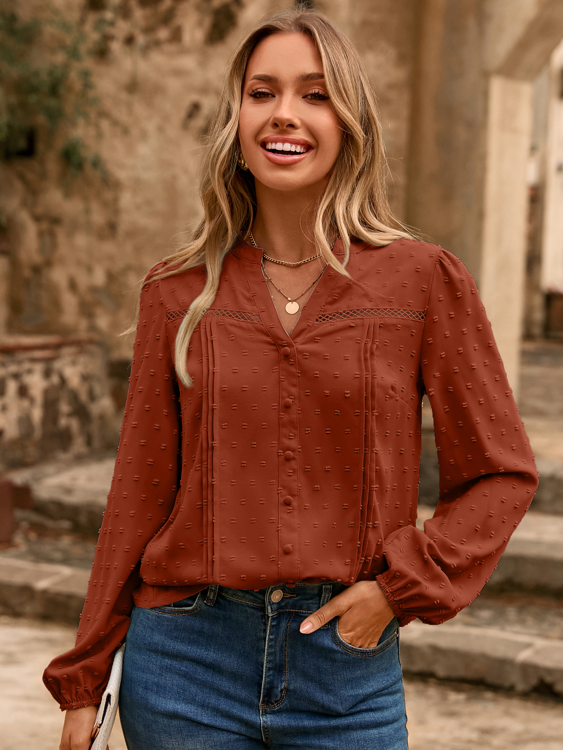 Lace Trim V Neck Swiss Dot Blouse