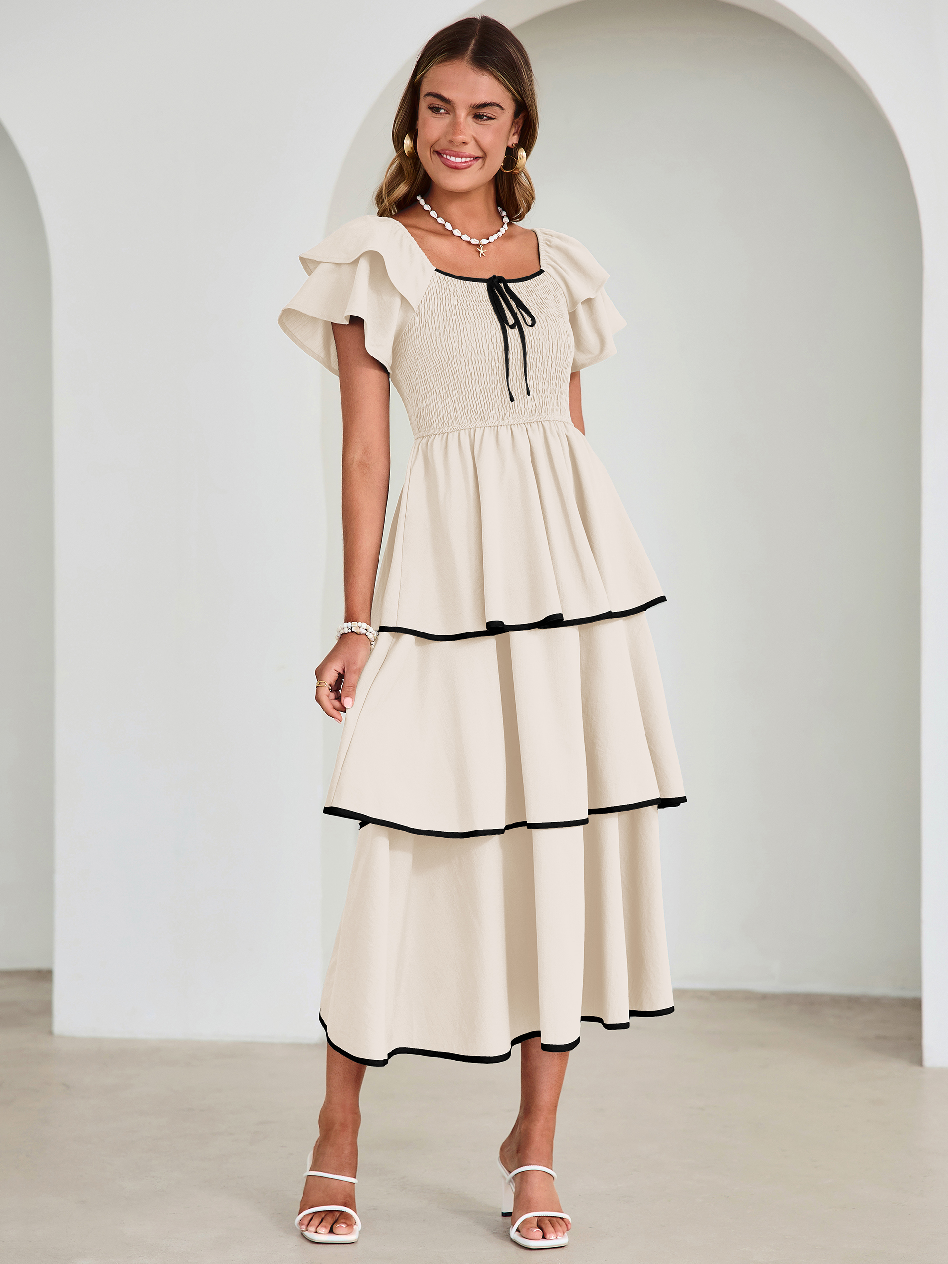 Ruched Off Shoulder Tiered Maxi Dress - Apricot