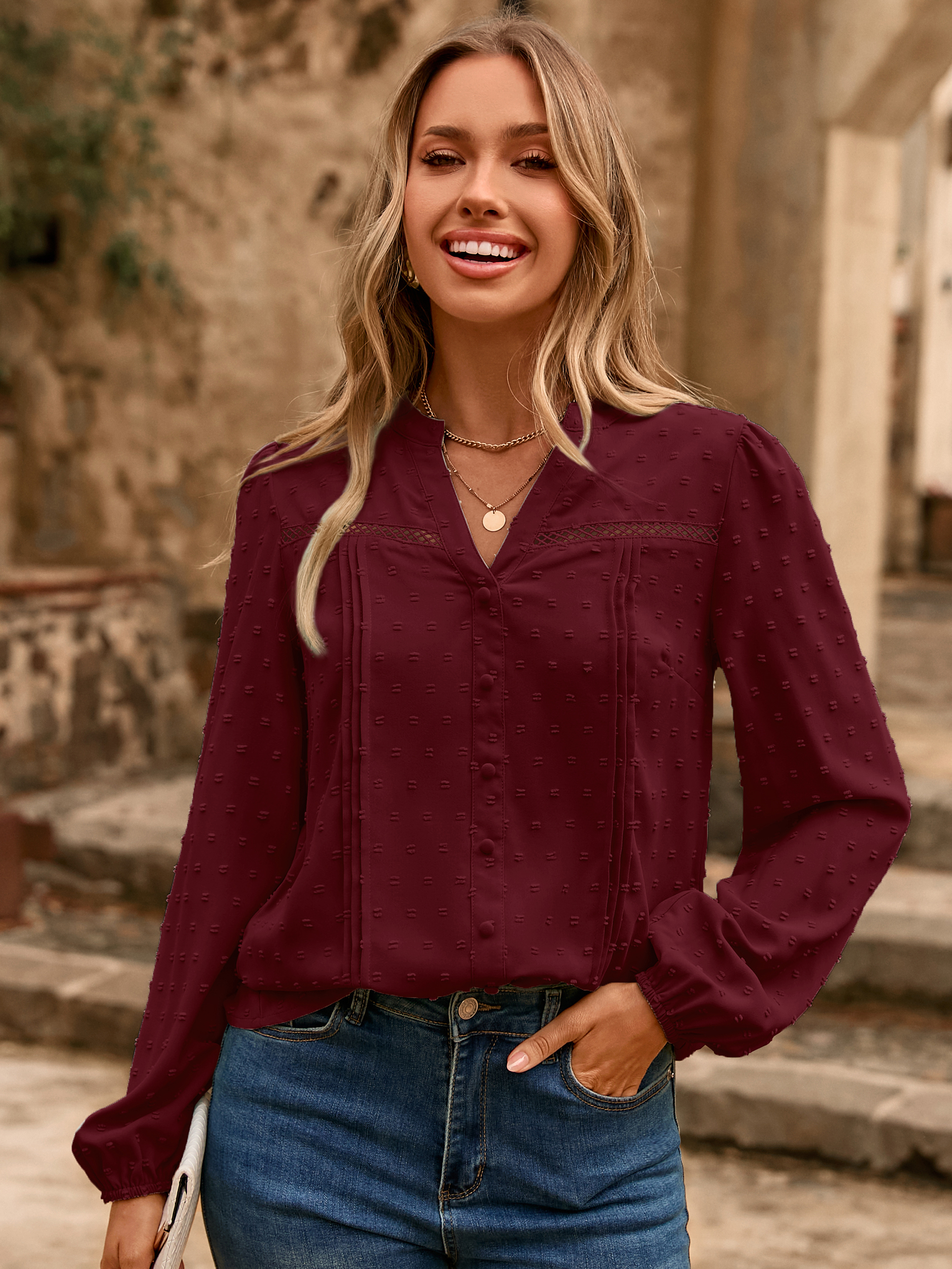 Lace Trim V Neck Swiss Dot Blouse