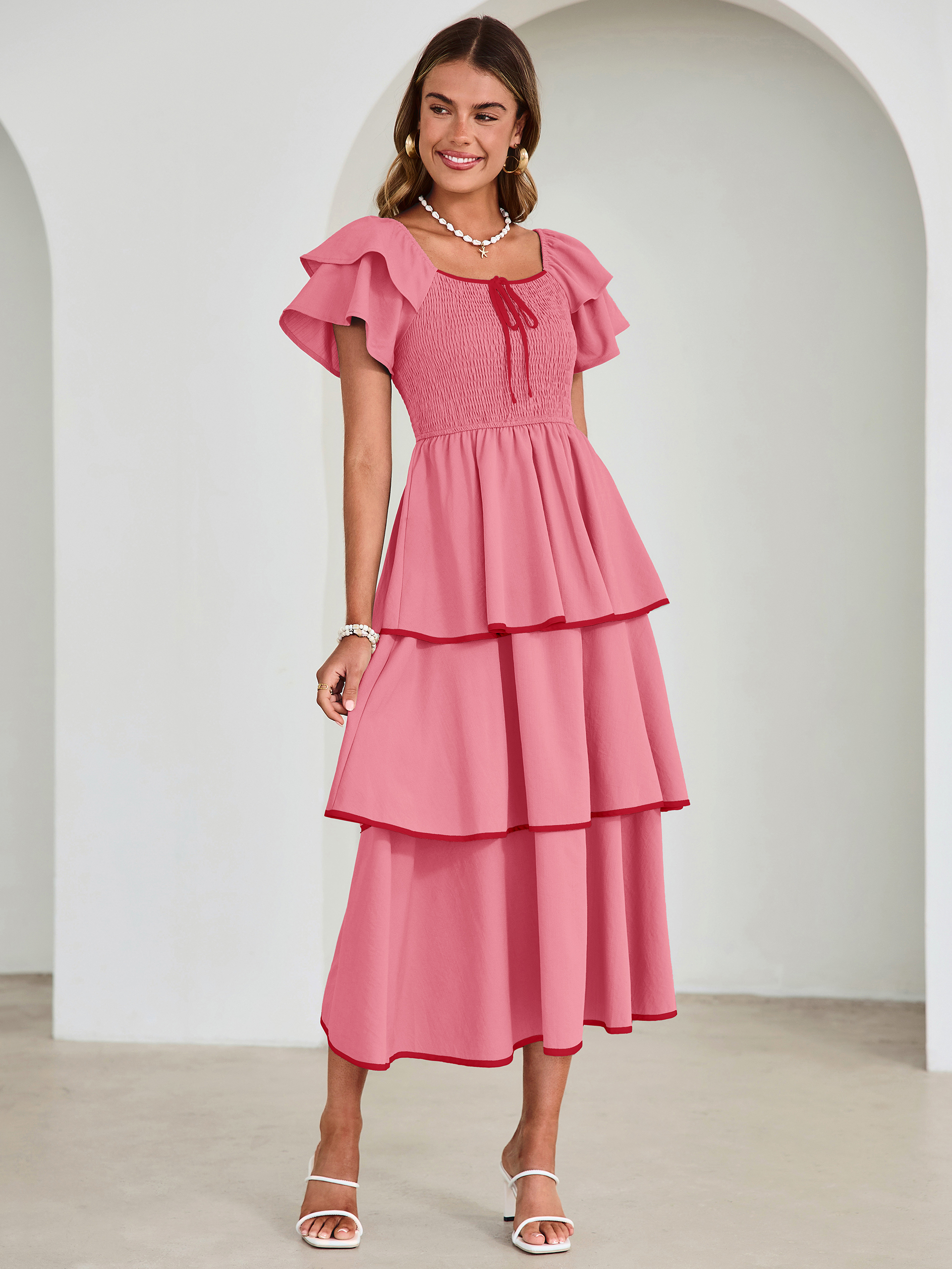 Ruched Off Shoulder Tiered Maxi Dress - Rose Pink