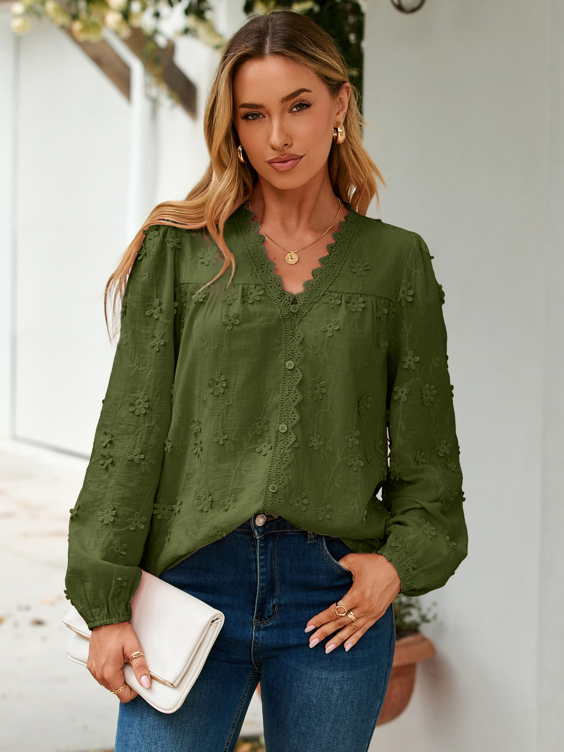 Floral Lace V Neck Embroidered Button Down Blouse