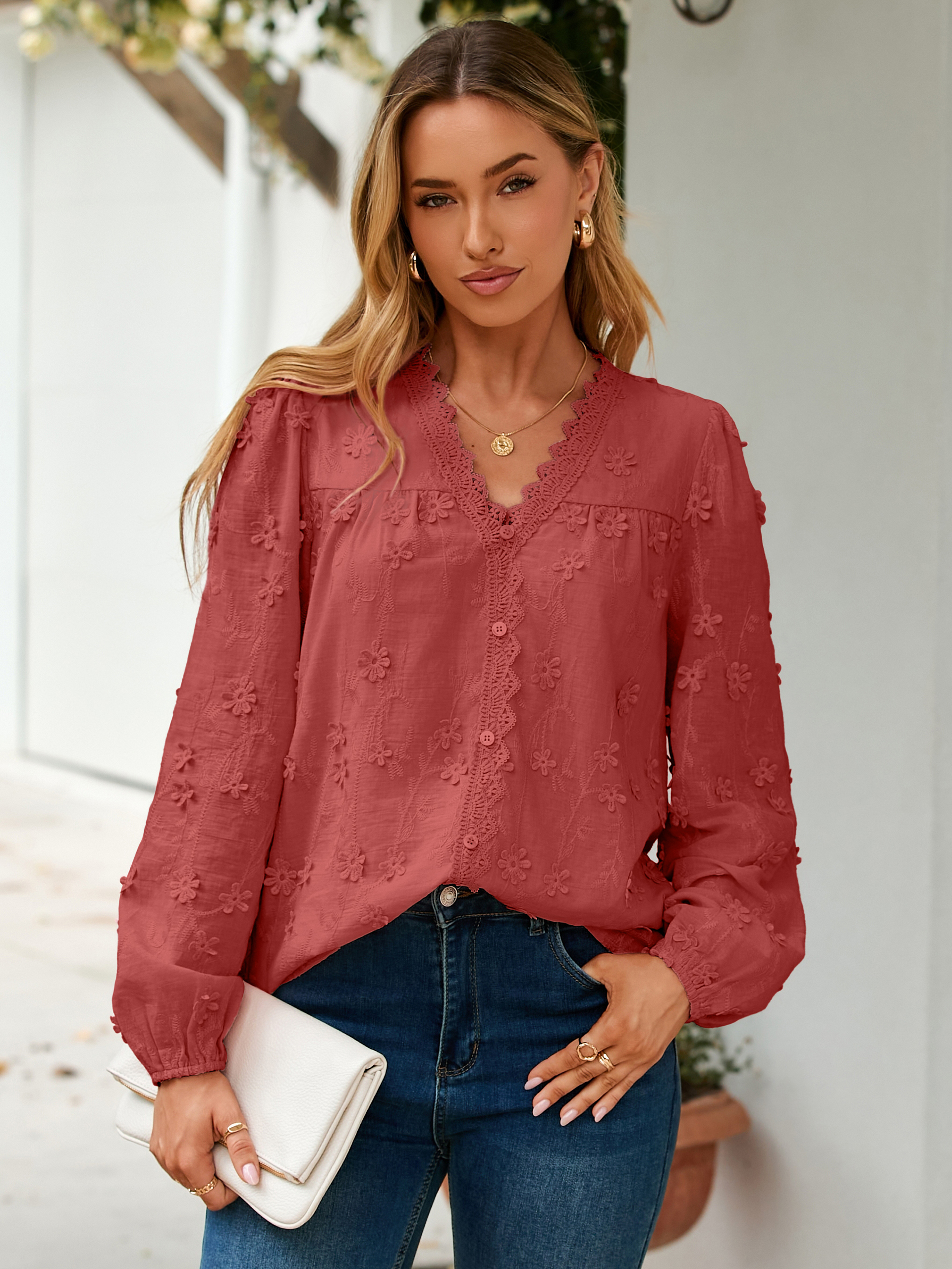 Floral Lace V Neck Embroidered Button Down Blouse