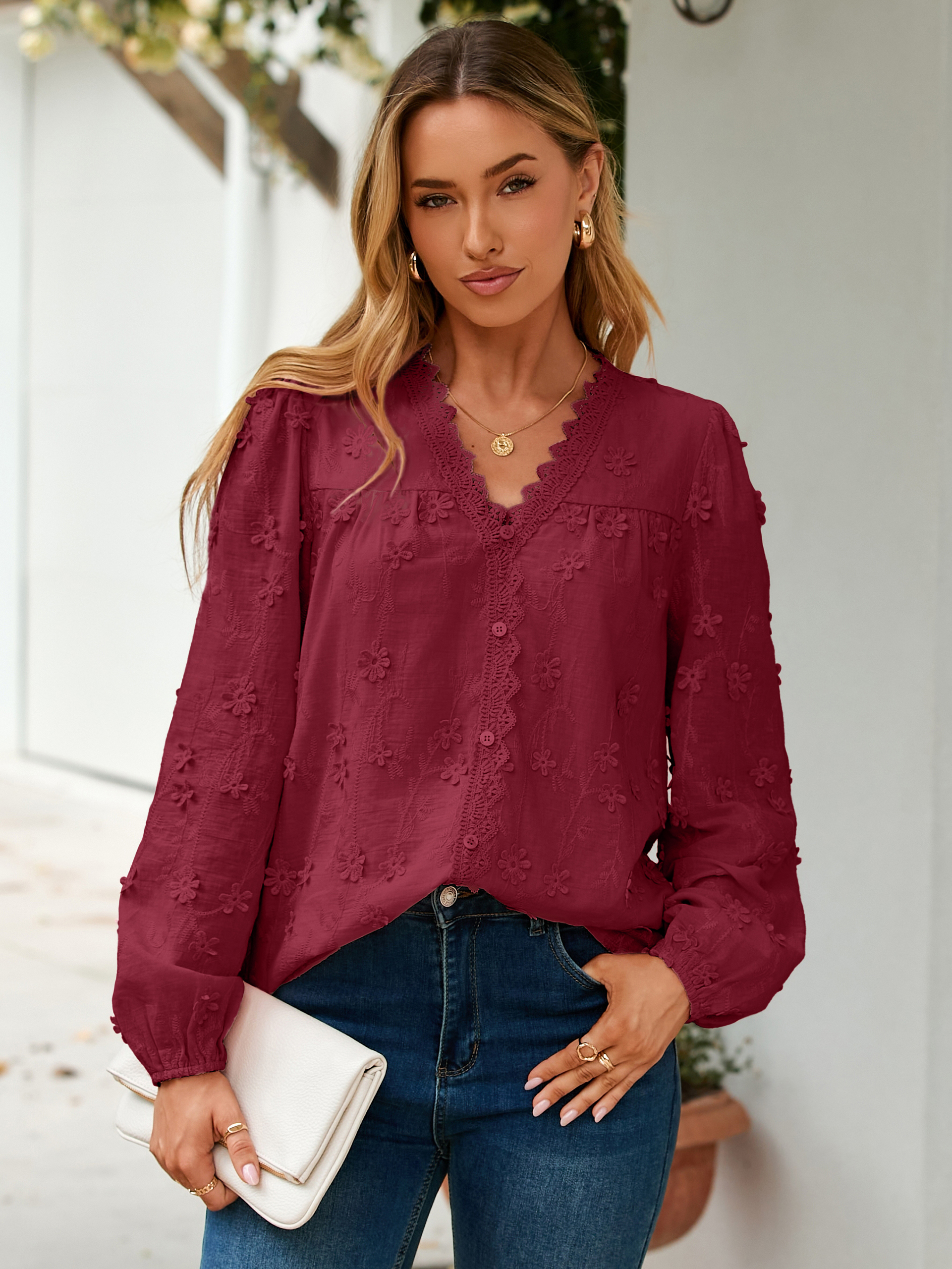 Floral Lace V Neck Embroidered Button Down Blouse