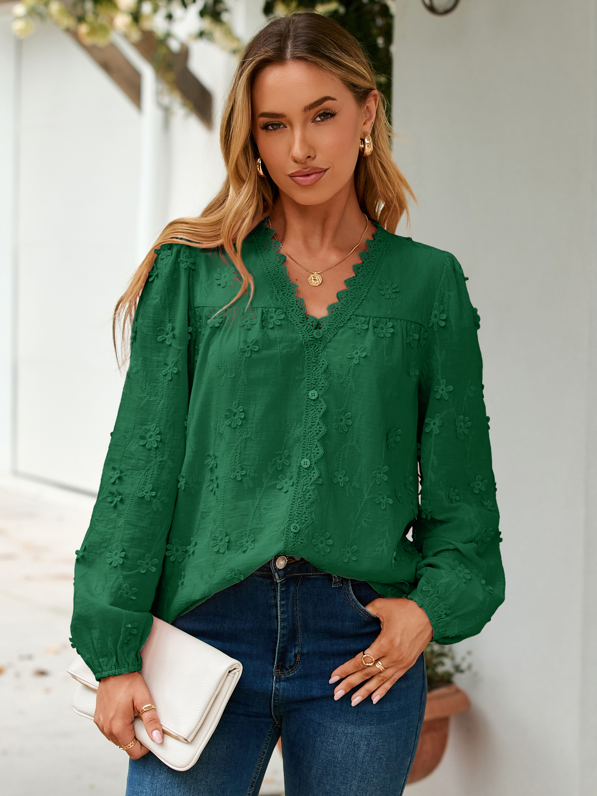 Floral Lace V Neck Embroidered Button Down Blouse