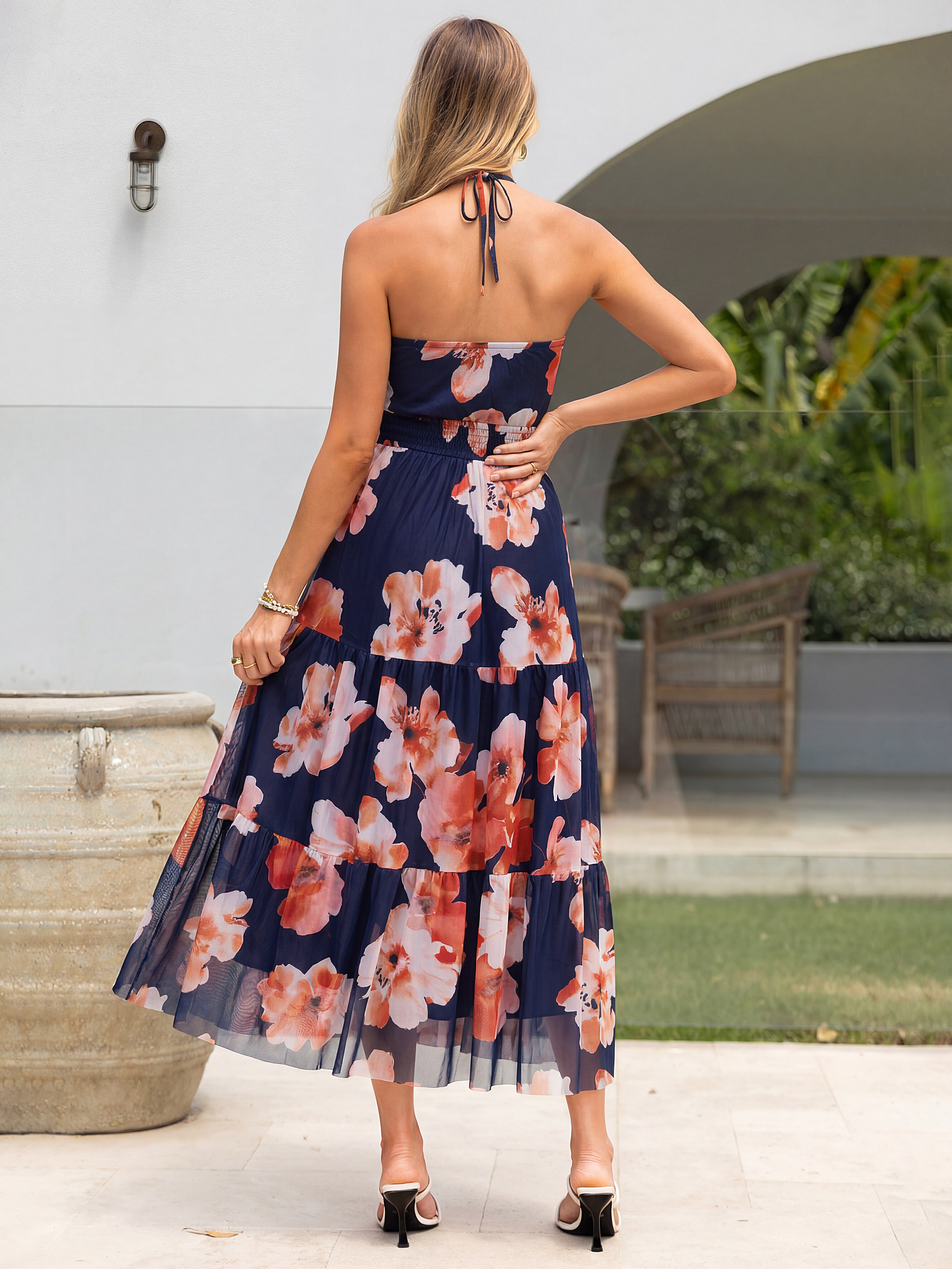 Floral Strapless Smocked Tiered Mesh Maxi Dress