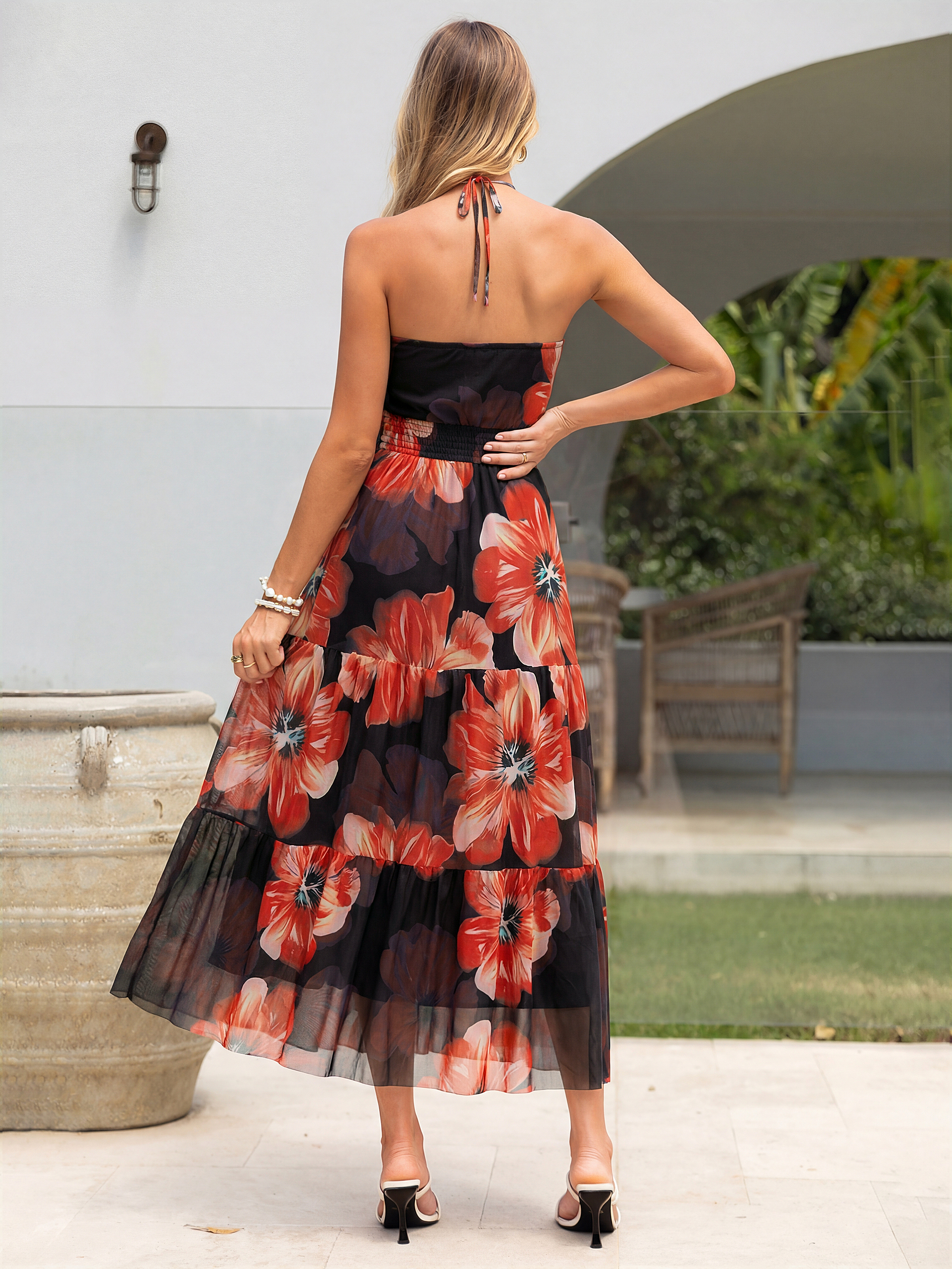 Floral Strapless Smocked Tiered Mesh Maxi Dress