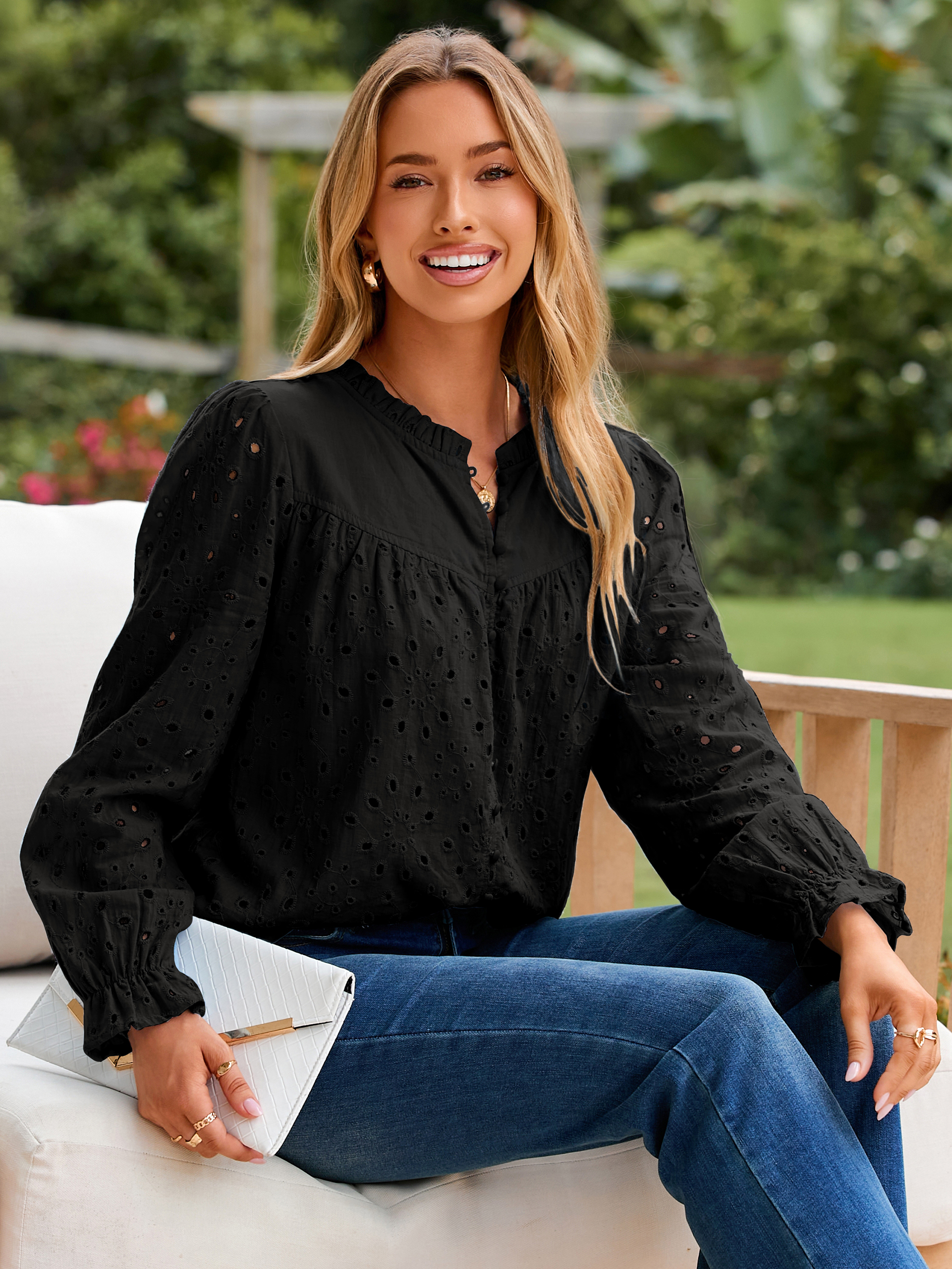 Eyelet Lace Puff Sleeve Button Down Blouse
