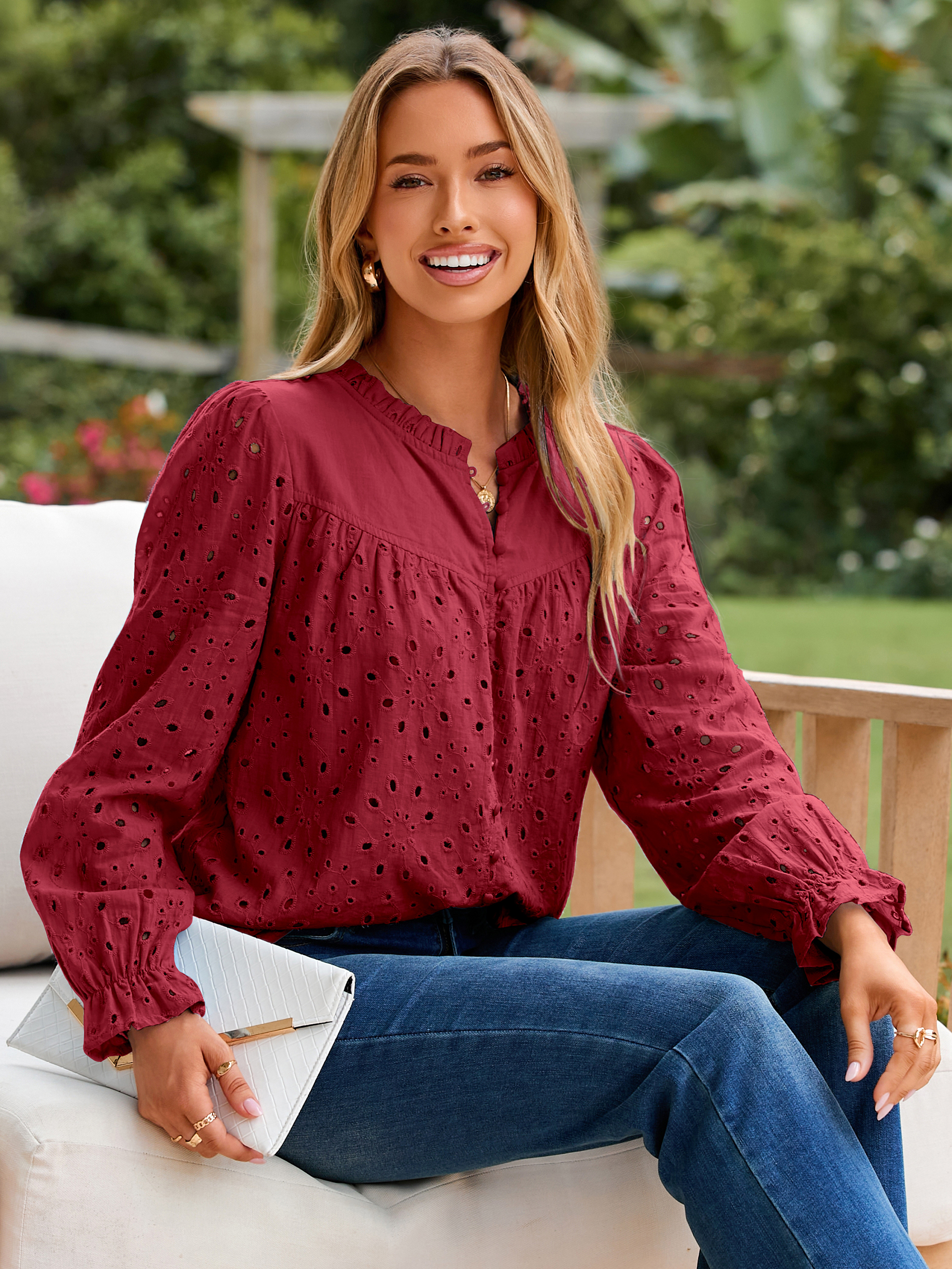 Eyelet Lace Puff Sleeve Button Down Blouse