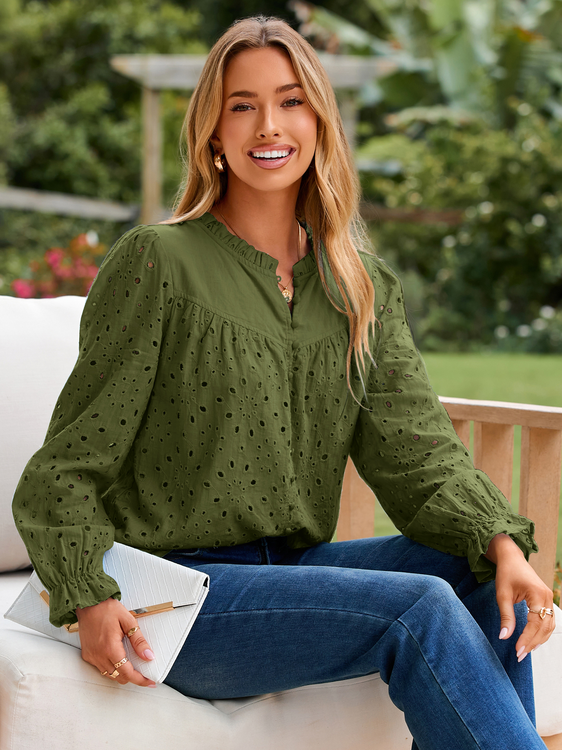 Eyelet Lace Puff Sleeve Button Down Blouse