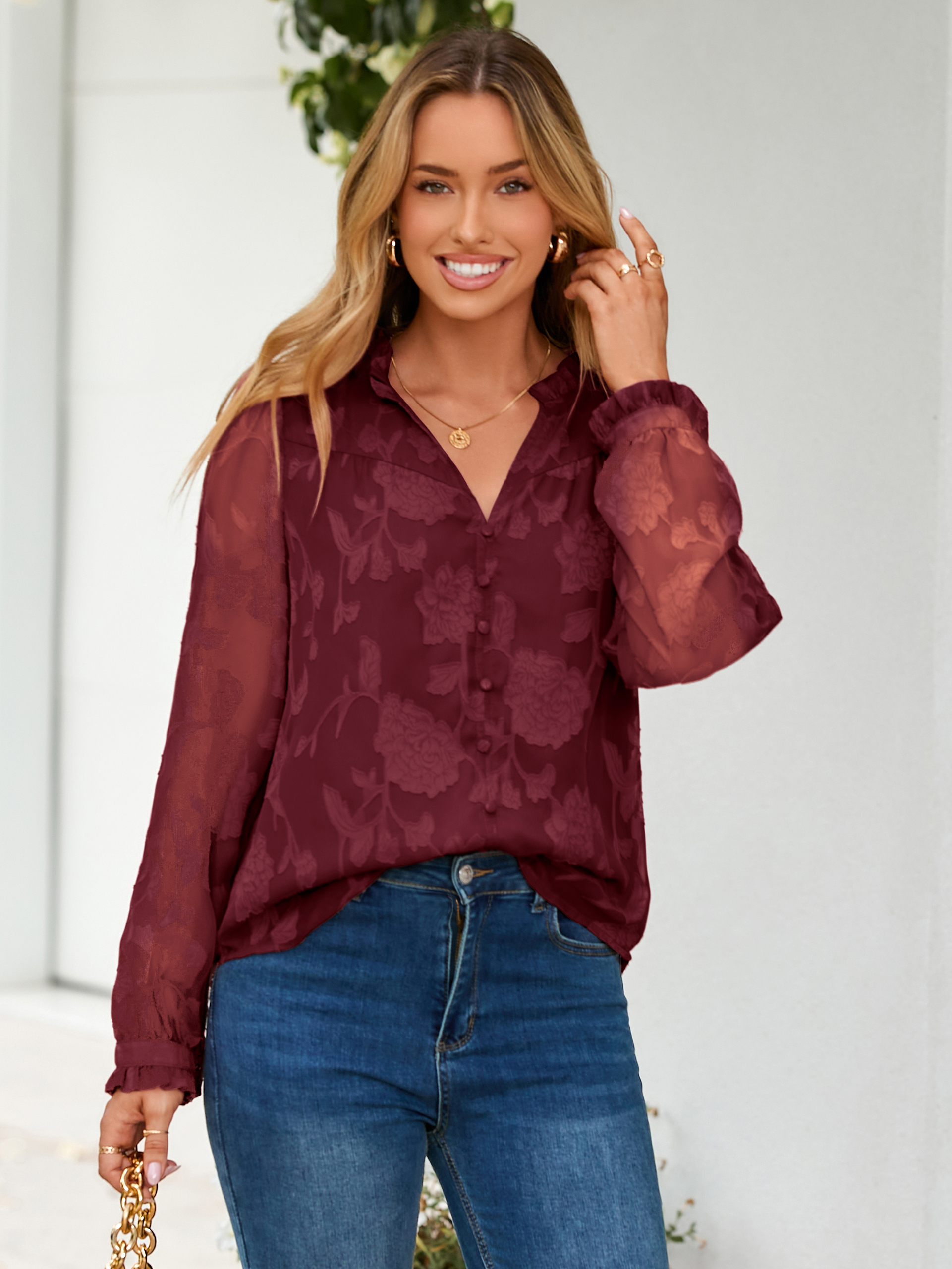 Chiffon Burnout V Neck Long Sleeve Blouse